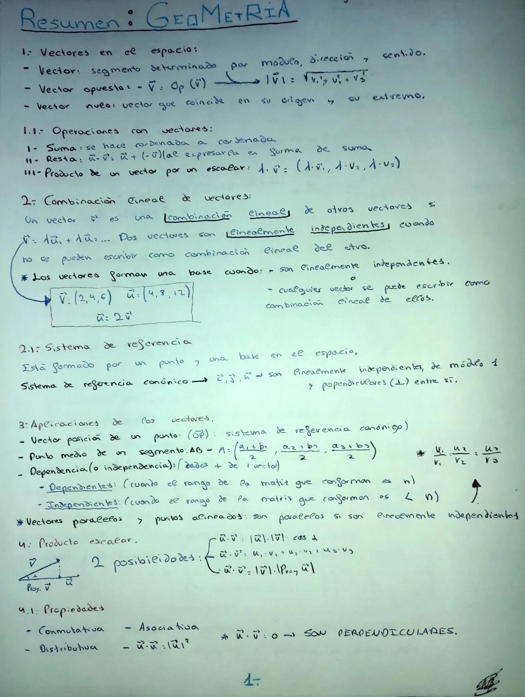 Resumen: GEOMETRIA
1: Vectores en
el
espacio:
Vector: segmento determinado
Vector opuesto:
-
- Vector
nueo: vector
c
1.1. Operaciones con
1-