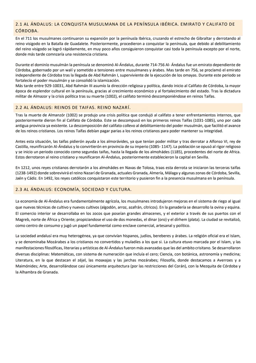 2.1 AL ANDALUS: LA CONQUISTA MUSULMANA DE LA PENÍNSULA IBÉRICA. EMIRATO Y CALIFATO DE
CÓRDOBA.
En el 711 los musulmanes continuaron su expa