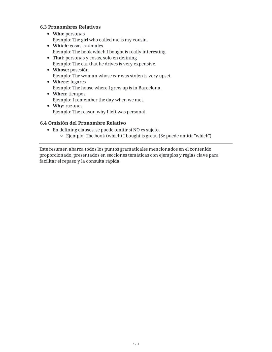 Inglés - Resumen de Gramática Inglesa
1. Tiempos Verbales del Pasado
1.1 Past Simple (Pasado Simple)
Uso: Acciones terminadas en un tiempo e