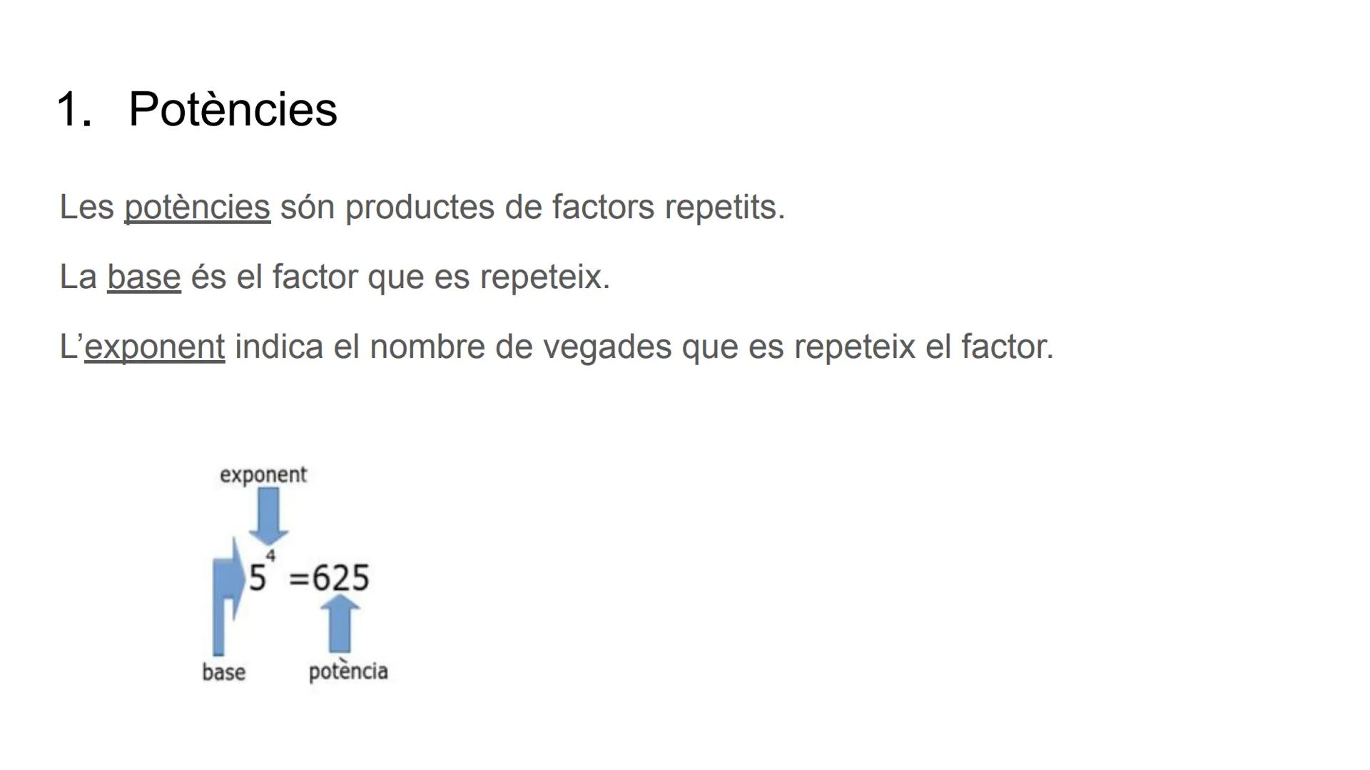 # POTÈNCIES # Índex
1. Potències.
2. Potències d'1 i de zero.
3.Operacions amb potències i propietats. # 1. Potències
Les potències són pr