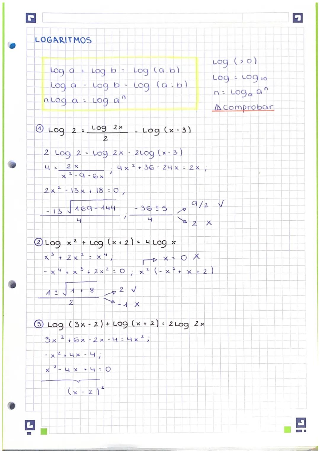 LOGARITMOS
Log a
+ Log b =
Log a Log b =
Log a
nlog a =
Ⓒ Log 2 =
2 Log 2 = Log 2x-
4 =
2 x
x ²-9-6x
2x² - 13x + 18 =
= 0;
-13
X
-X
3x
4
x
+