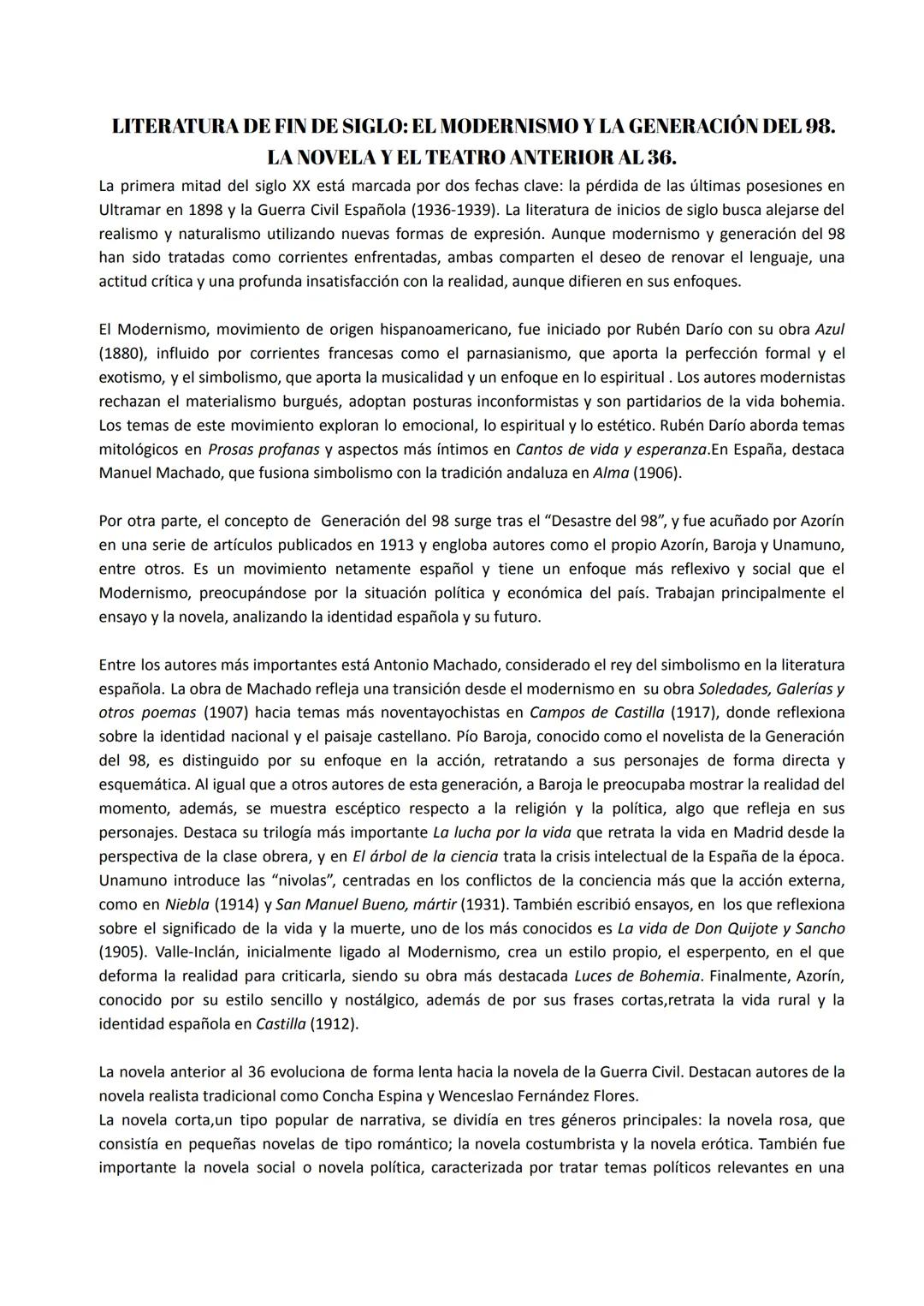 # LITERATURA DE FIN DE SIGLO: EL MODERNISMO Y LA GENERACIÓN DEL 98.
# LA NOVELA Y EL TEATRO ANTERIOR AL 36.
La primera mitad del siglo XX