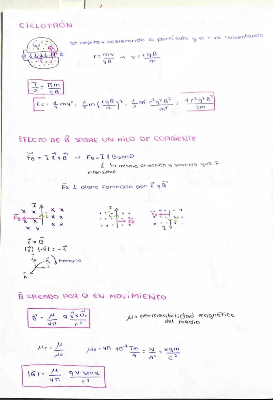# CICLOTRÓN
se repite acelerando la partícula y el r va aumentando
$r = \frac{mv}{qB} \rightarrow v = \frac{rqB}{m}$
$\frac{T}{2} = \frac{\