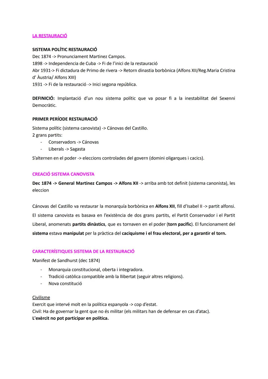 LA RESTAURACIÓ
SISTEMA POLÍTIC RESTAURACIÓ
Dec 1874-> Pronunciament Martinez Campos.
1898-> Independencia de Cuba -> Fi de l'inici de la res