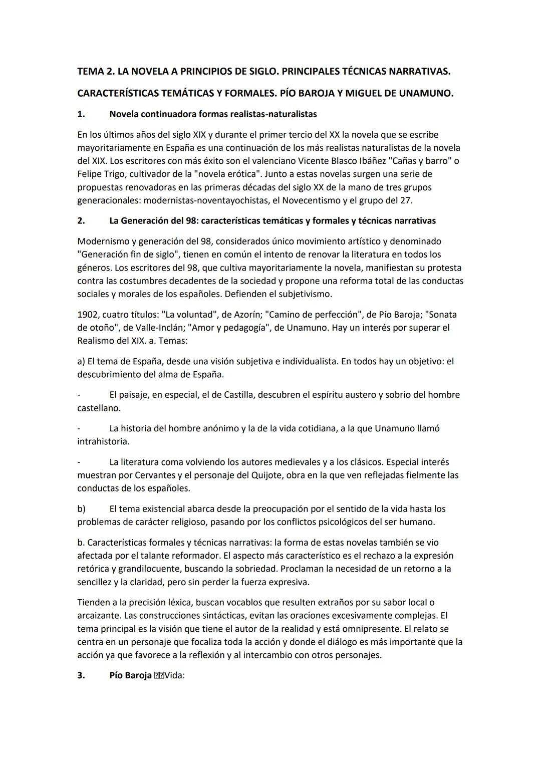 TEMA 2. LA NOVELA A PRINCIPIOS DE SIGLO. PRINCIPALES TÉCNICAS NARRATIVAS.
CARACTERÍSTICAS TEMÁTICAS Y FORMALES. PÍO BAROJA Y MIGUEL DE UNAMU