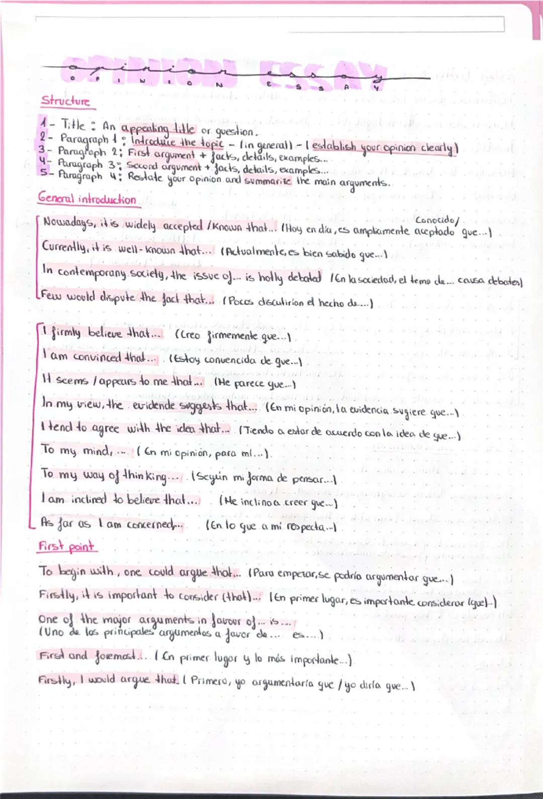 Structure
1- Title: An appealing title or question.
2- Paragraph 1: Introduce the topic - lin general) - I establish your opinion clearly)