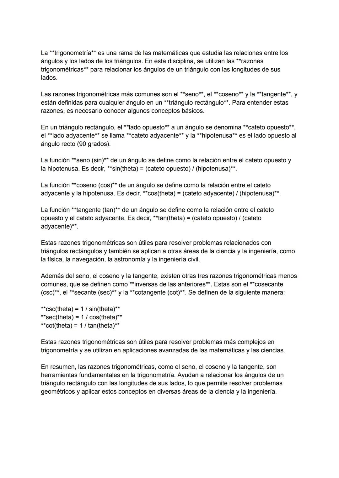 La **trigonometría** es una rama de las matemáticas que estudia las relaciones entre los
ángulos y los lados de los triángulos. En esta disc