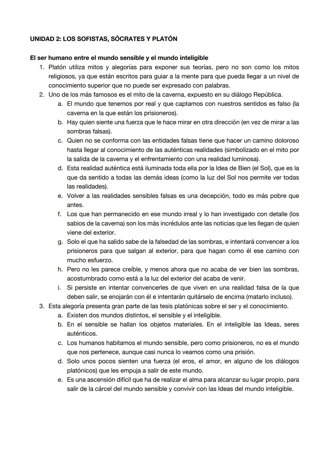 UNIDAD 2: LOS SOFISTAS, SÓCRATES Y PLATÓN
El ser humano entre el mundo sensible y el mundo inteligible
1.
Platón utiliza mitos y alegorías p