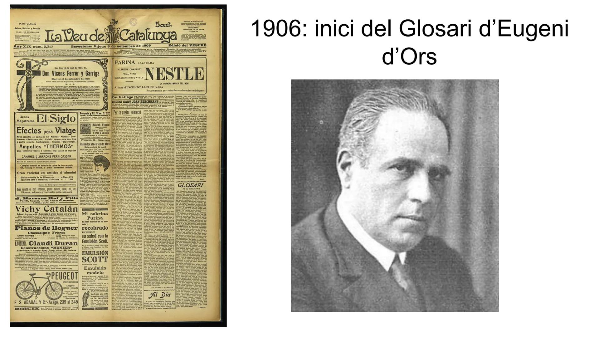 # El Noucentisme
(1906-1923) 1. Noucentisme
Moviment cultural i polític que va néixer com una
reacció contra el Modernisme i va dirigir la