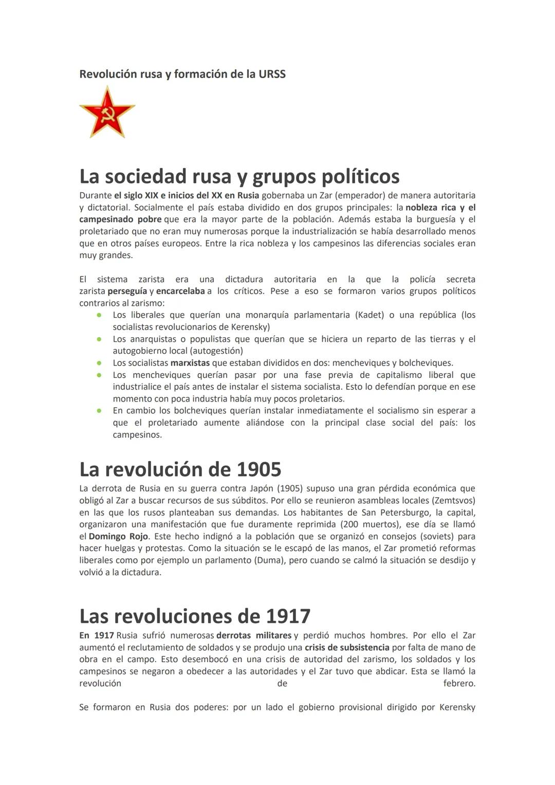 Revolución rusa y formación de la URSS
La sociedad rusa y grupos políticos
Durante el siglo XIX e inicios del XX en Rusia gobernaba un Zar (