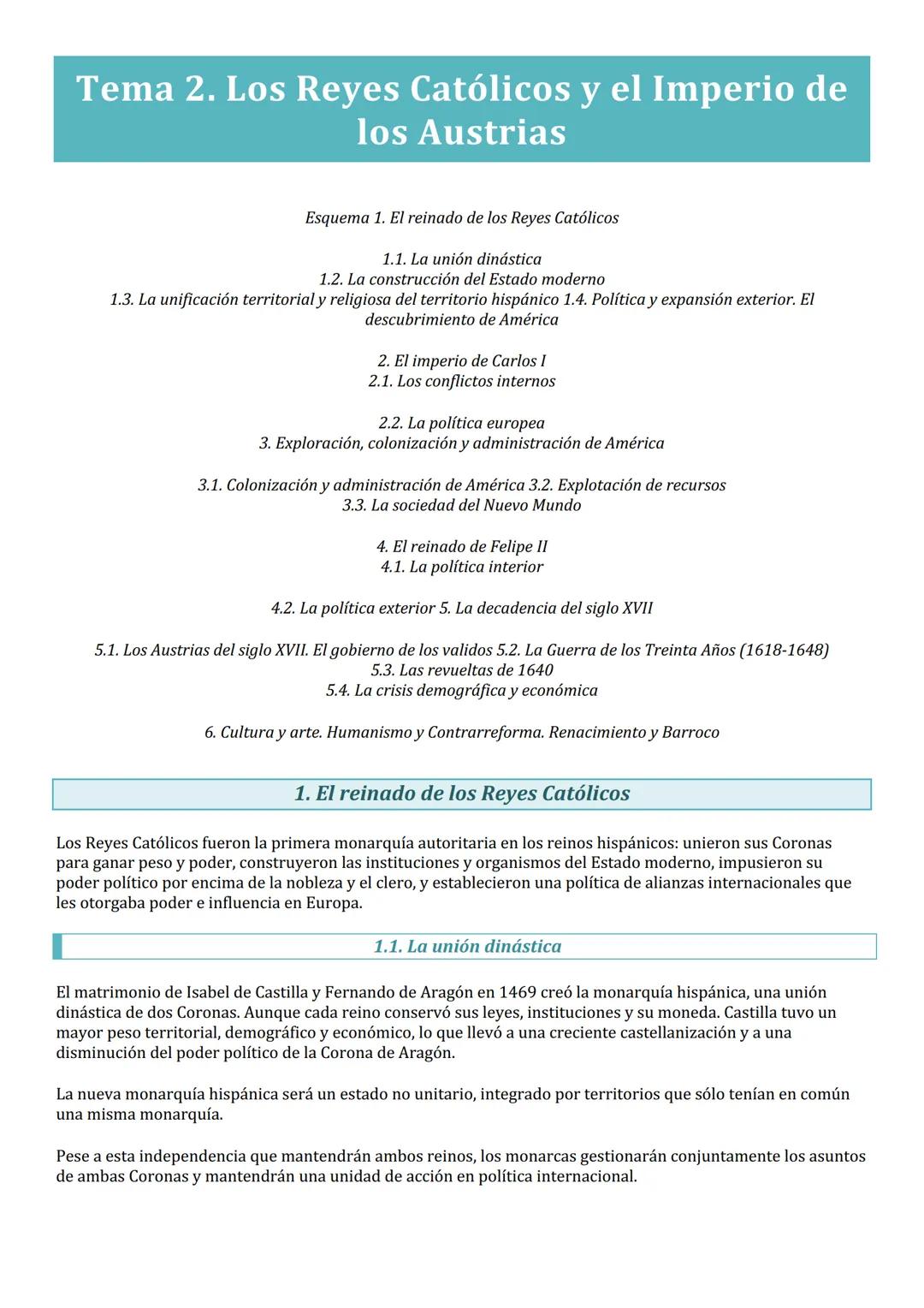 Tema 2. Los Reyes Católicos y el Imperio de
los Austrias
Esquema 1. El reinado de los Reyes Católicos
1.1. La unión dinástica
1.2. La constr