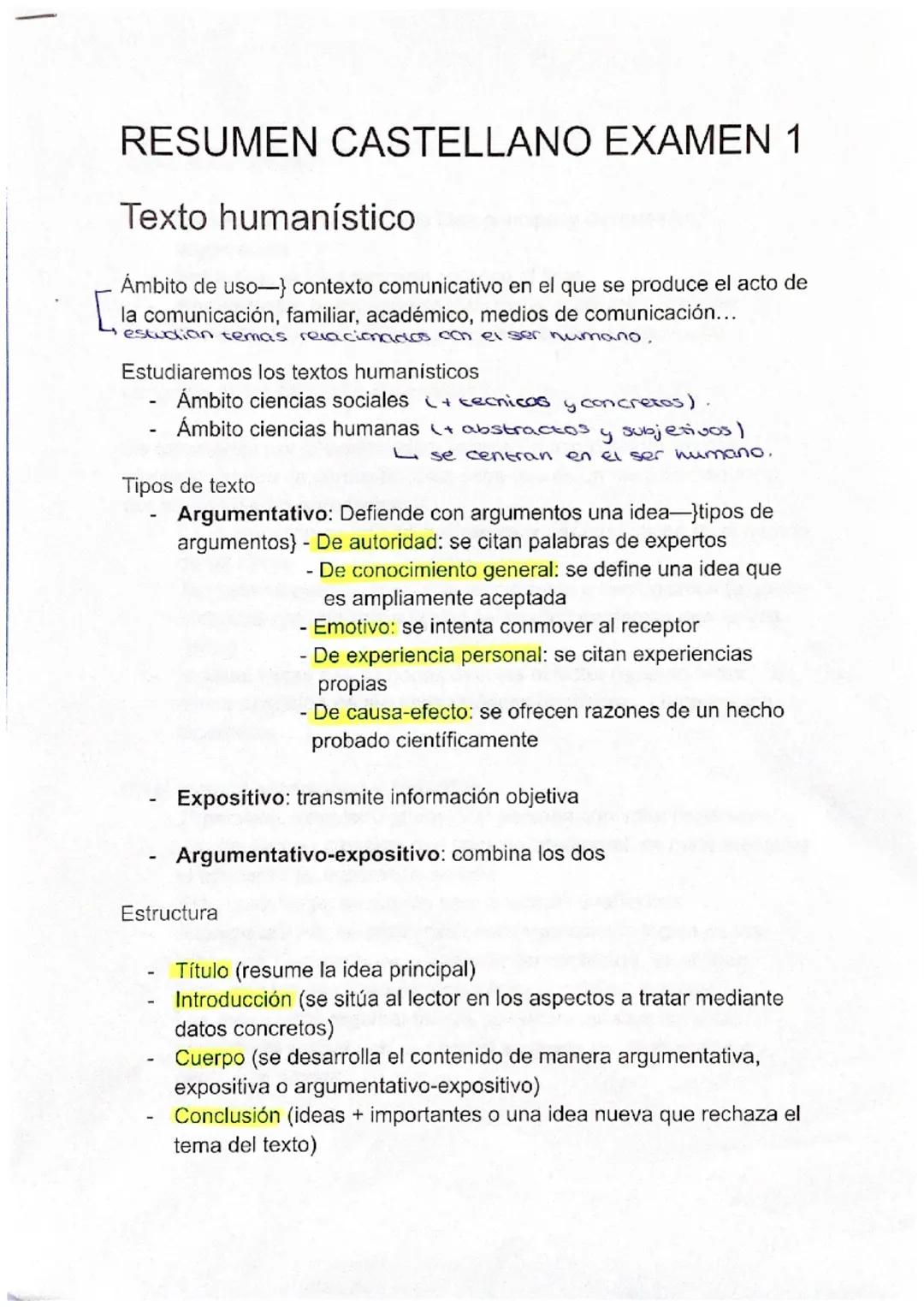 RESUMEN CASTELLANO EXAMEN 1
Texto humanístico
Ámbito de uso-} contexto comunicativo en el que se produce el acto de
la comunicación, familia
