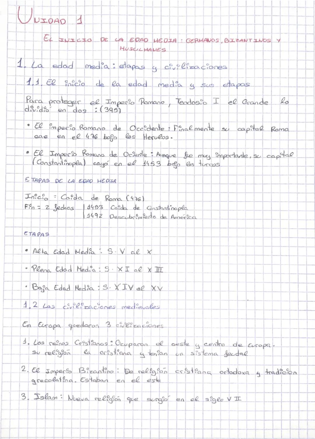 # UNIDAD 1
EL INICIO DE LA EDAD MEDIA: GERMANOS, BIZANTINOS Y
HUSULMANES
1. La edad media: etapas y civilizaciones
2. 1. El inicio de