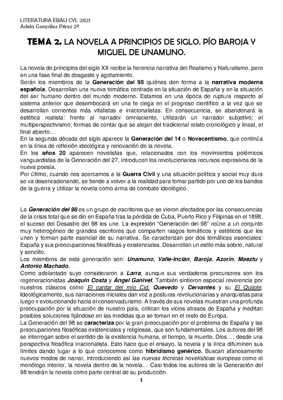 TEMA 2_LA NOVELA A PRINCIPIOS DE SIGLO. PÍO BAROJA Y MIGUEL DE UNAMUNO