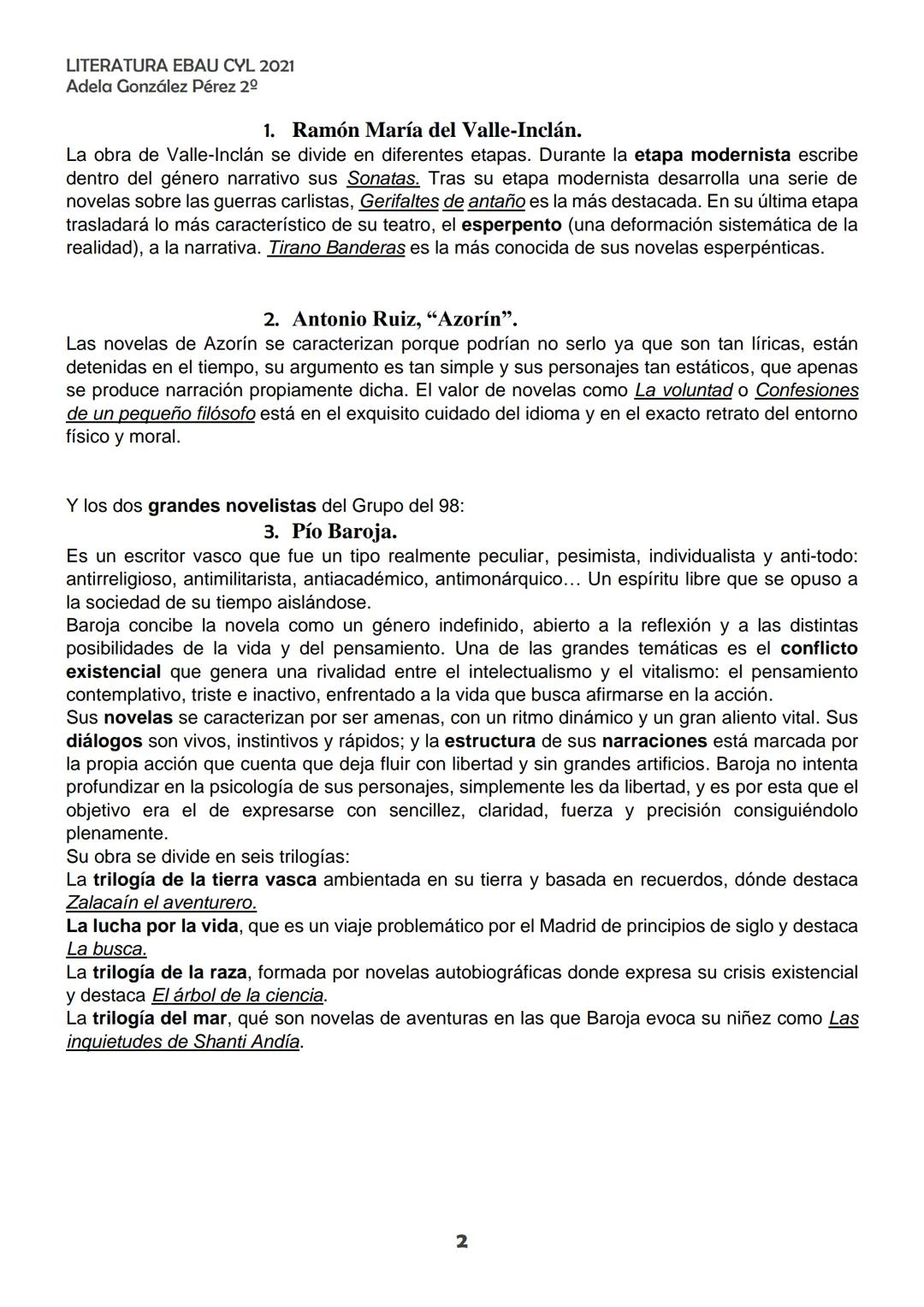 LITERATURA EBAU CYL 2021
Adela González Pérez 2º
TEMA 2. LA NOVELA A PRINCIPIOS DE SIGLO. PÍO BAROJA Y
MIGUEL DE UNAMUNO.
La novela de princ