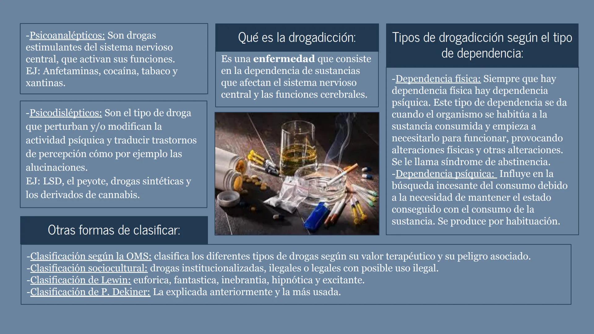 Drogodependencias
A ¿Qué son las drogas?
Normalmente se usa para referirse a
una sustancia usada sin fines
terapéuticos, autoadministrada y