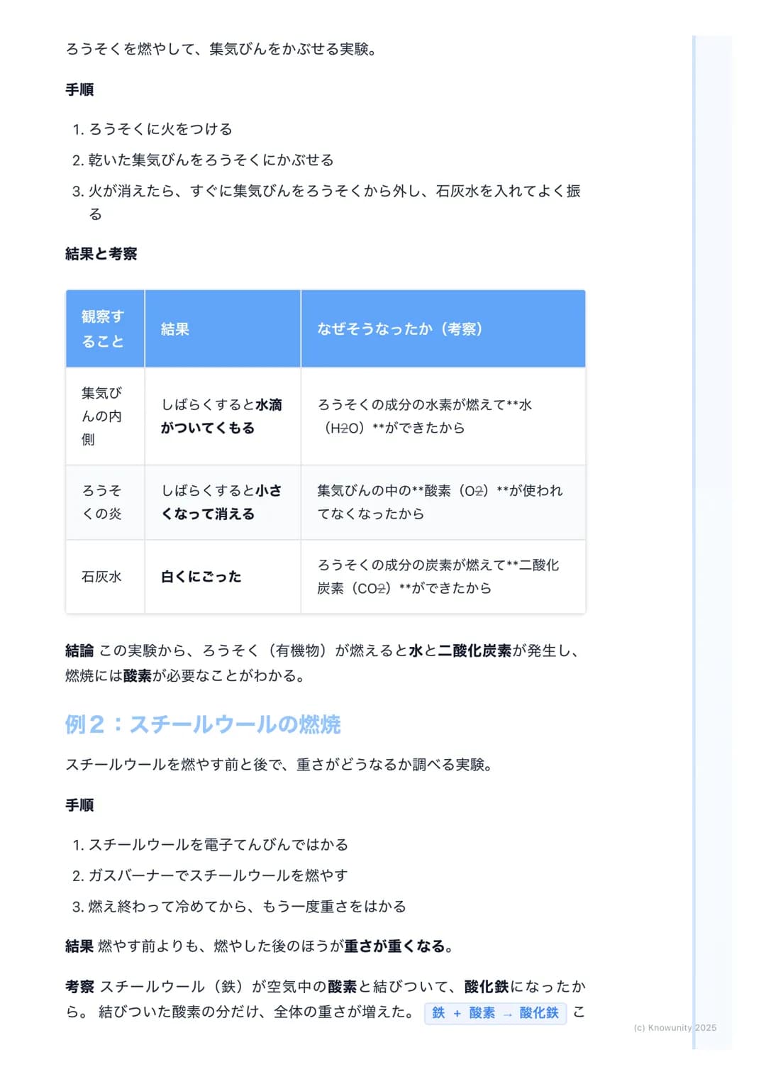 # 燃焼
燃焼とは何か
物質が熱と光を出しながら、激しく酸素と結びつく化学変化のこと。ものが
「燃える」っていう現象。これはただ温められて光るのとは違う。(例:電球
のフィラメント) 燃焼は、もとの物質とは違う、まったく別の物質ができる化
学変化の一つ。ここが大事。
燃焼の