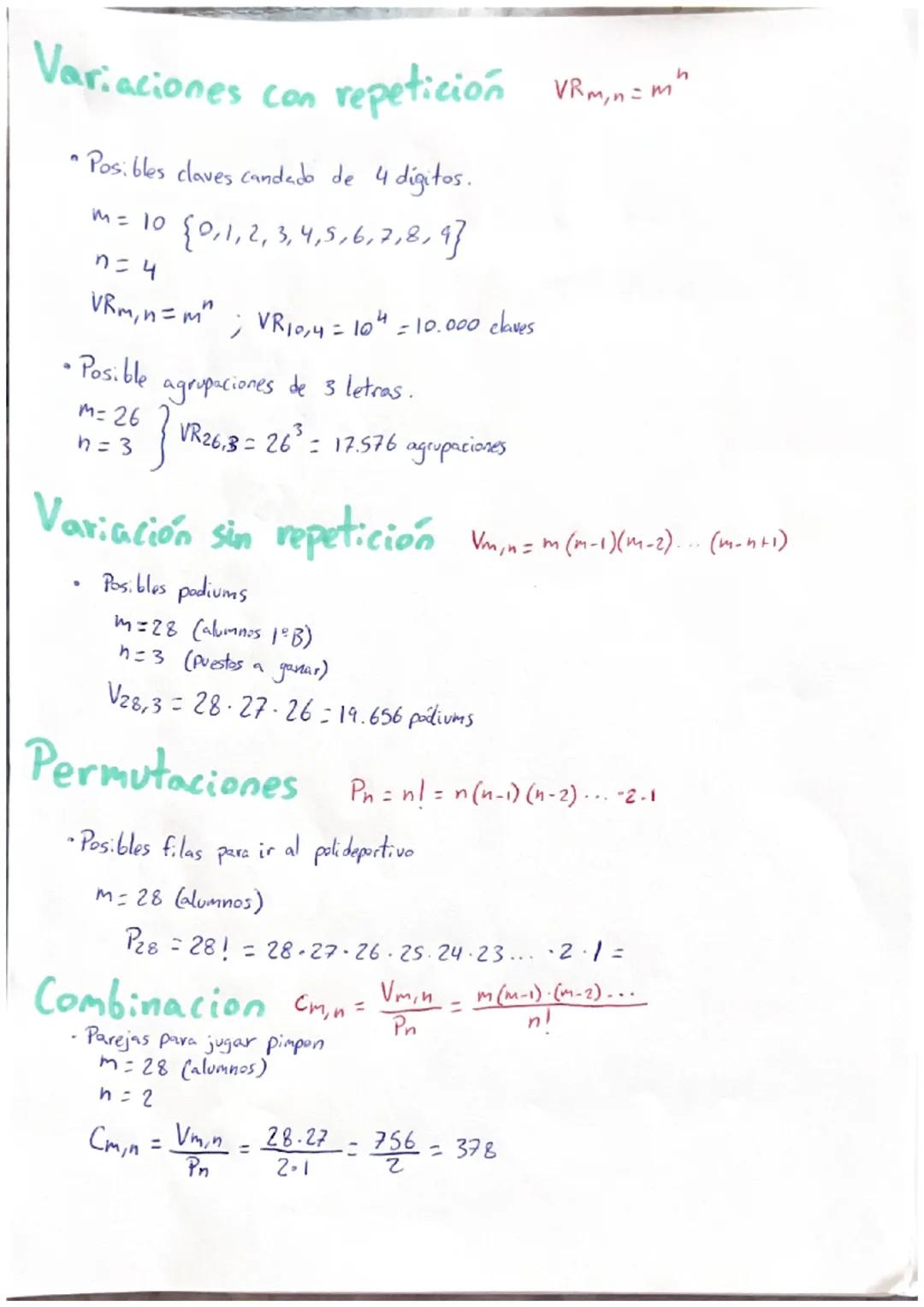 Combinatoria
Intervienen todos
los elementos?
imbinaciones
CM = _m!
ni (m-n)!
No
Influye el orden
No
¿Puede haber
repetición?
Variacion
ordi