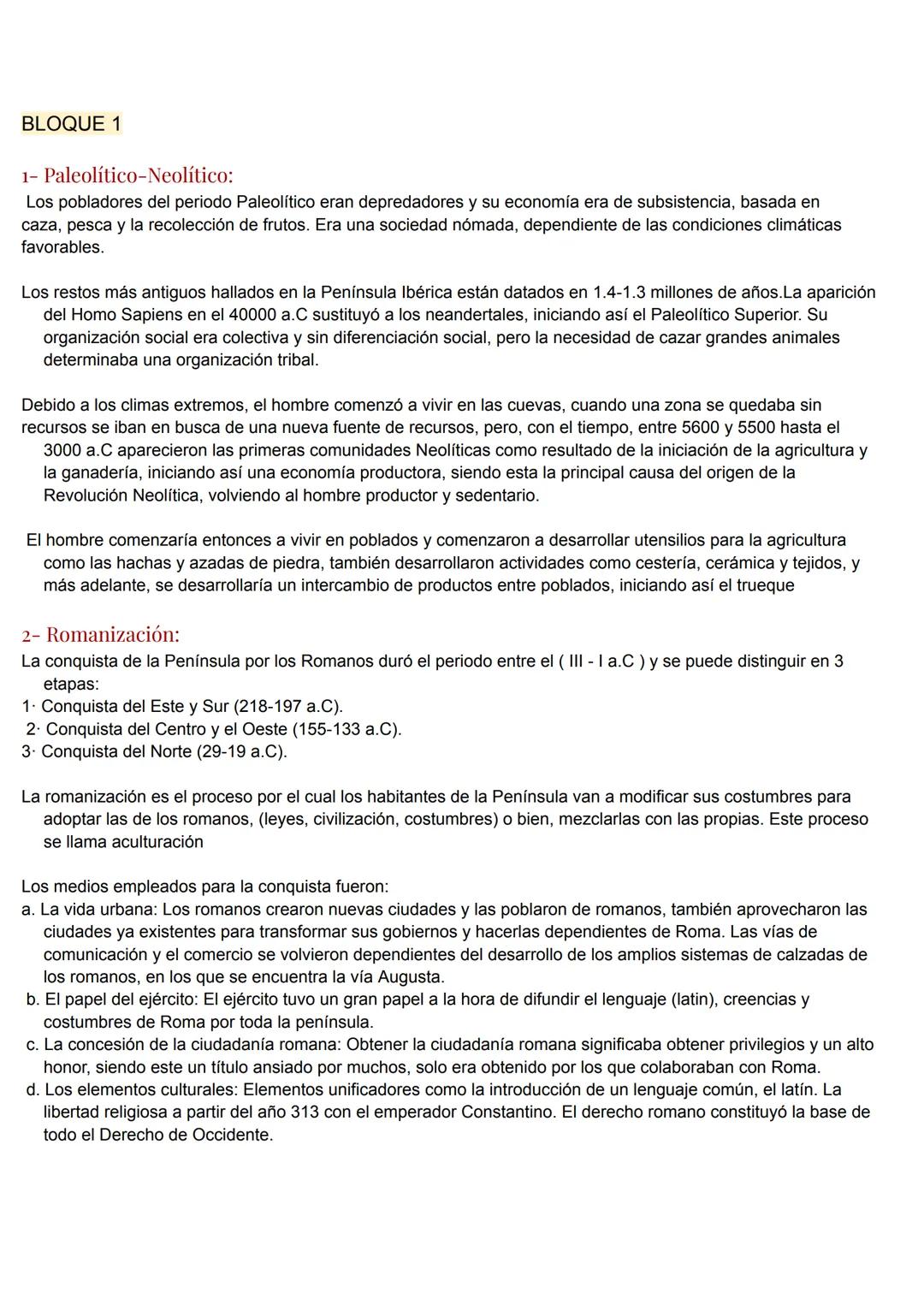 BLOQUE 1
1- Paleolítico-Neolítico:
Los pobladores del periodo Paleolítico eran depredadores y su economía era de subsistencia, basada en
caz