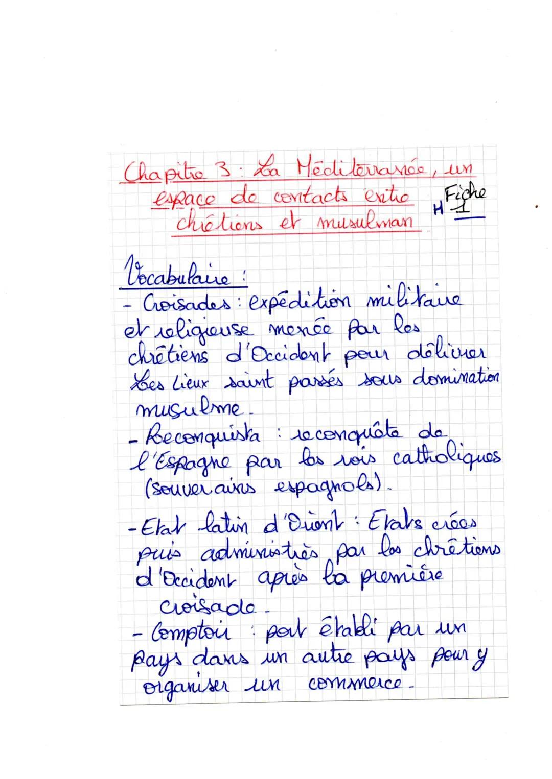 Chapitre 3. La Méditerranée, un
espace de contacts exitro Fiche
HI
chiếtions et musulman
Vocabulaire :
- Croisades: expédition militave
et