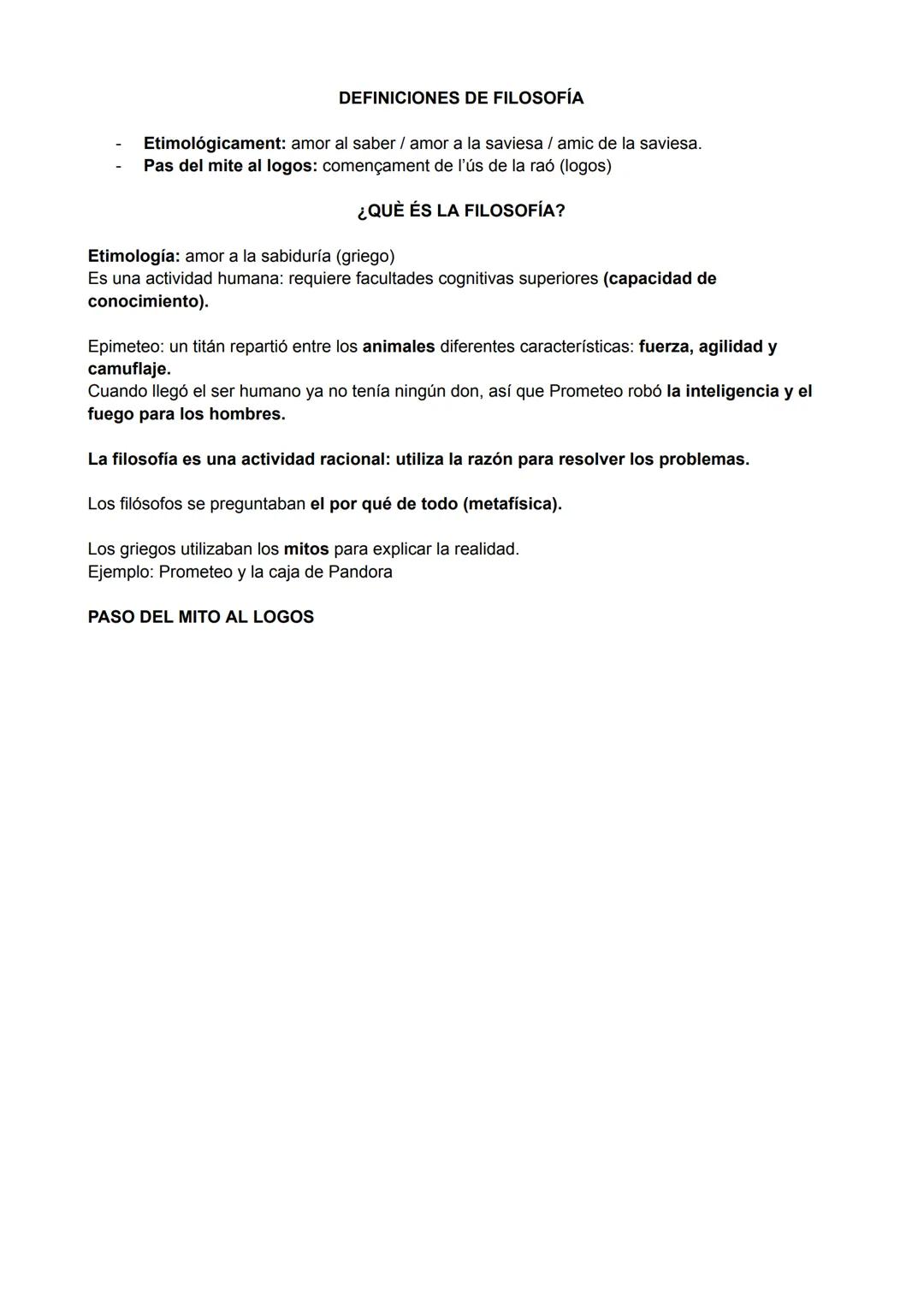 # DEFINICIONES DE FILOSOFÍA
- Etimológicament: amor al saber / amor a la saviesa / amic de la saviesa.
- Pas del mite al logos: començament