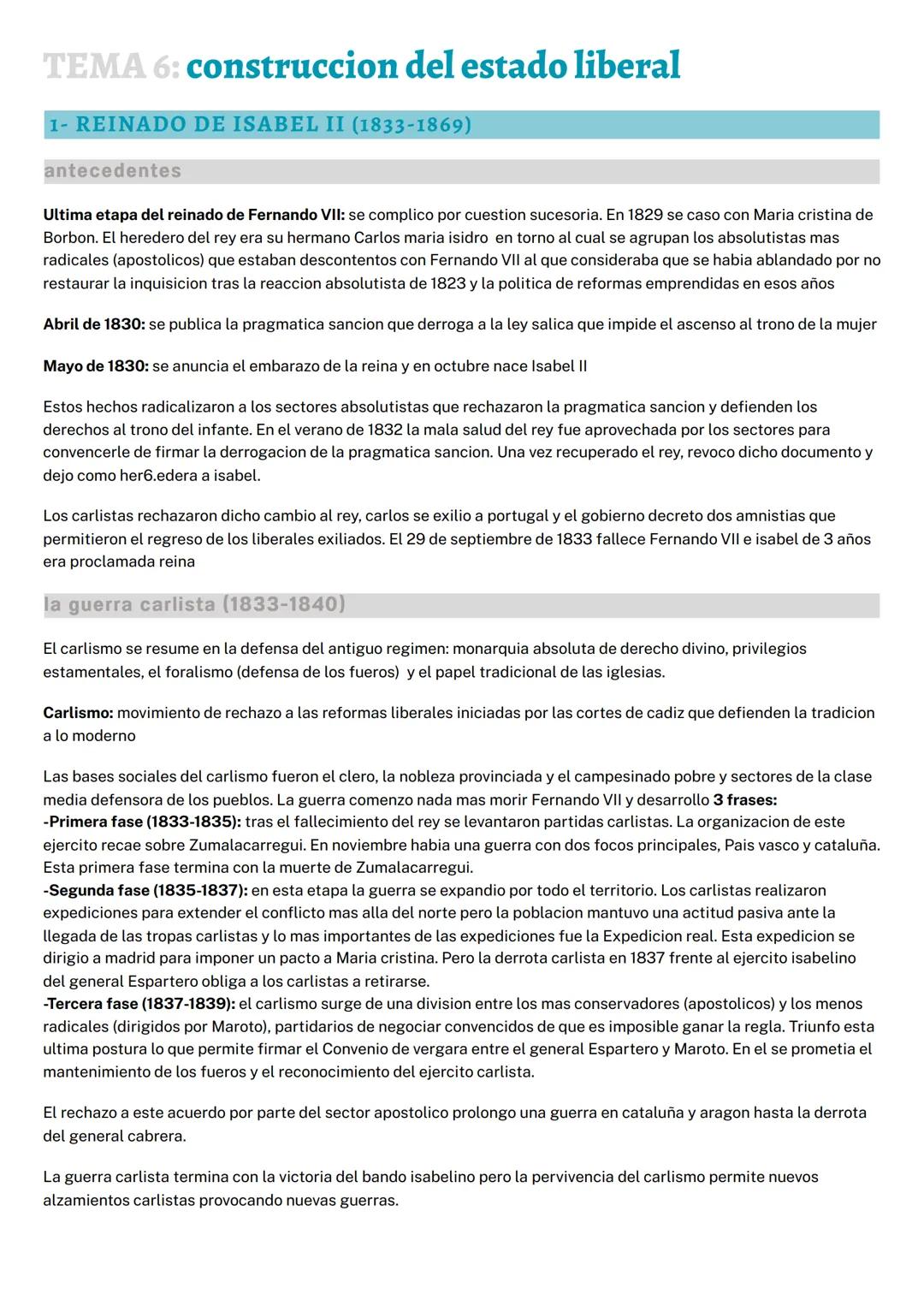 --- OCR Start ---
TEMA 6: construccion del estado liberal
1- REINADO DE ISABEL II (1833-1869)
antecedentes
Ultima etapa del reinado de Ferna