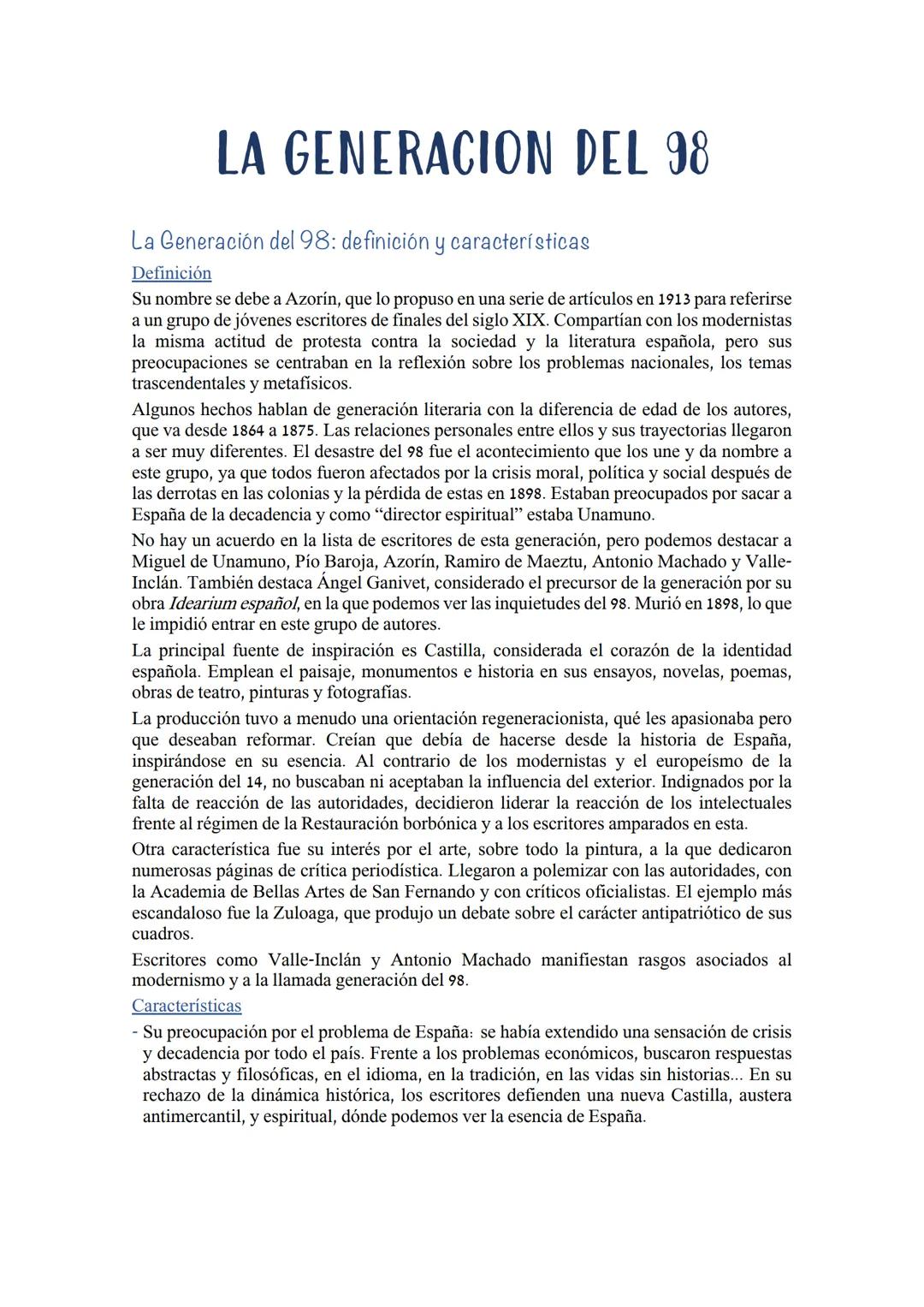 LA GENERACION DEL 98
La Generación del 98: definición y características
Definición
Su nombre se debe a Azorín, que lo propuso en una serie d