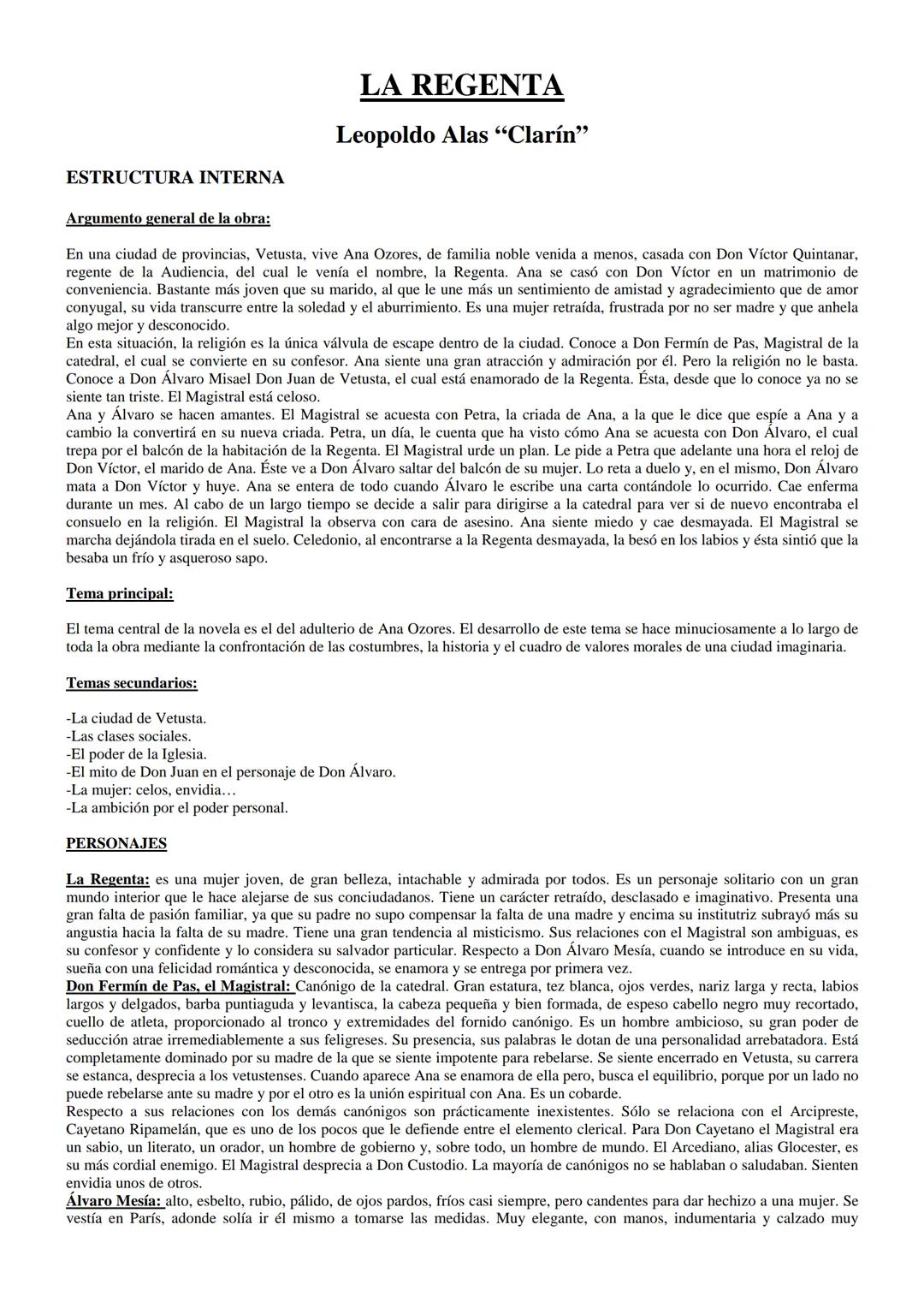ESTRUCTURA INTERNA
LA REGENTA
Leopoldo Alas "Clarín"
Argumento general de la obra:
En una ciudad de provincias, Vetusta, vive Ana Ozores, de