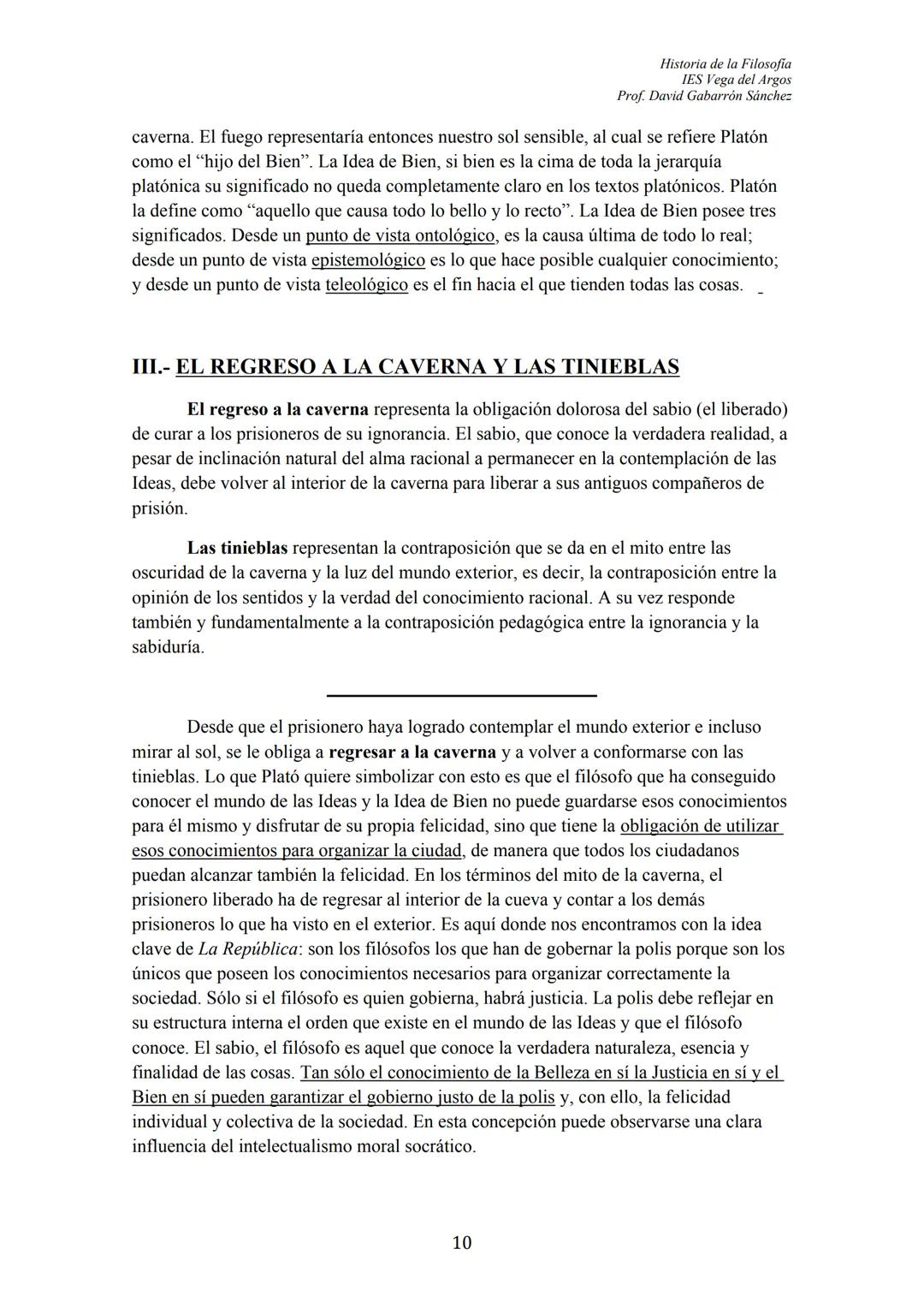 Historia de la Filosofia
IES Vega del Argos
Prof. David Gabarrón Sánchez
# PLATÓN
## ÍNDICE
- TEXTO: "El Mito de la Caverna" (Libro VII,
