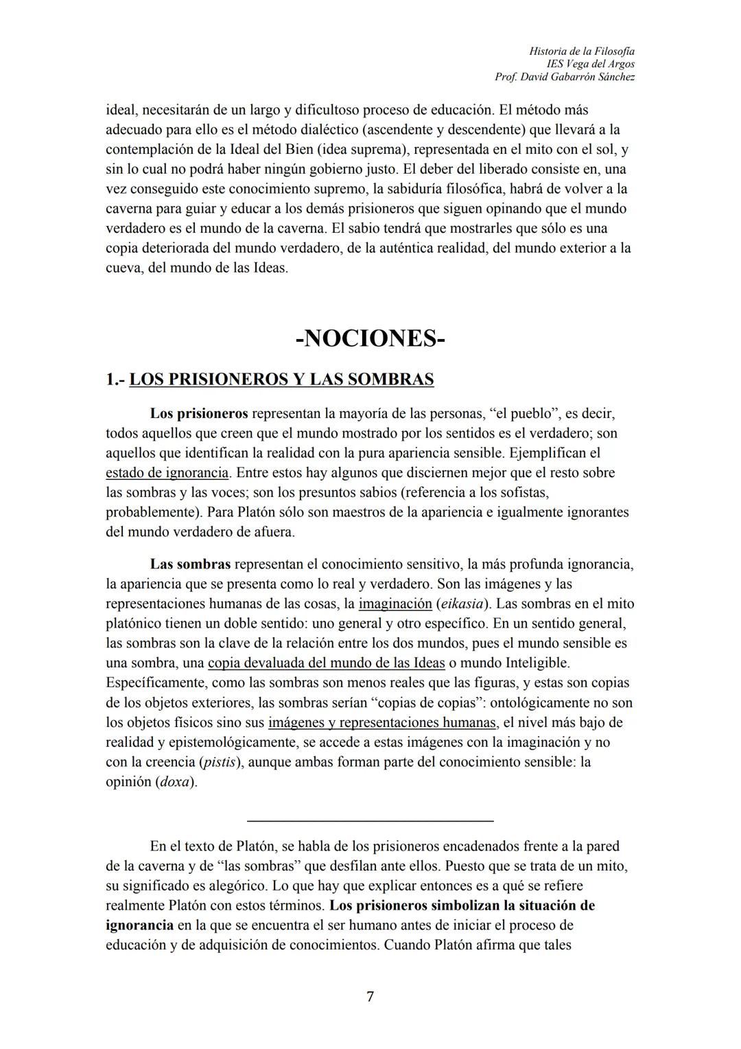 Historia de la Filosofia
IES Vega del Argos
Prof. David Gabarrón Sánchez
# PLATÓN
## ÍNDICE
- TEXTO: "El Mito de la Caverna" (Libro VII,