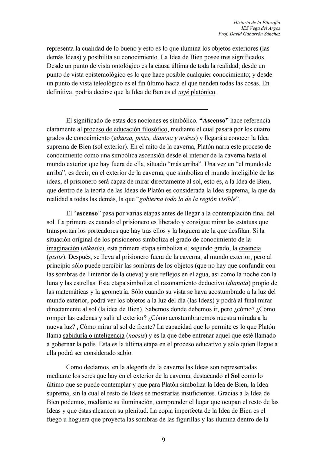 Historia de la Filosofia
IES Vega del Argos
Prof. David Gabarrón Sánchez
# PLATÓN
## ÍNDICE
- TEXTO: "El Mito de la Caverna" (Libro VII,