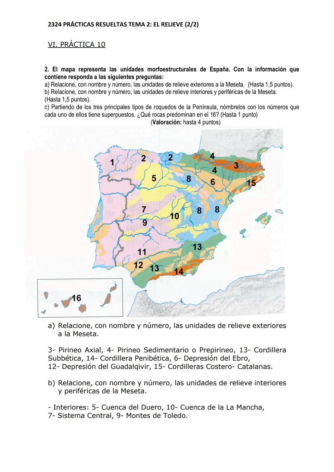 2324 PRÁCTICAS RESUELTAS TEMA 2: EL RELIEVE (2/2)
VI. PRÁCTICA 10
2. El mapa representa las unidades morfoestructurales de España. Con la in