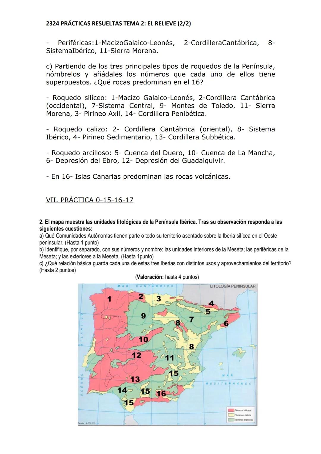 2324 PRÁCTICAS RESUELTAS TEMA 2: EL RELIEVE (2/2)
VI. PRÁCTICA 10
2. El mapa representa las unidades morfoestructurales de España. Con la in