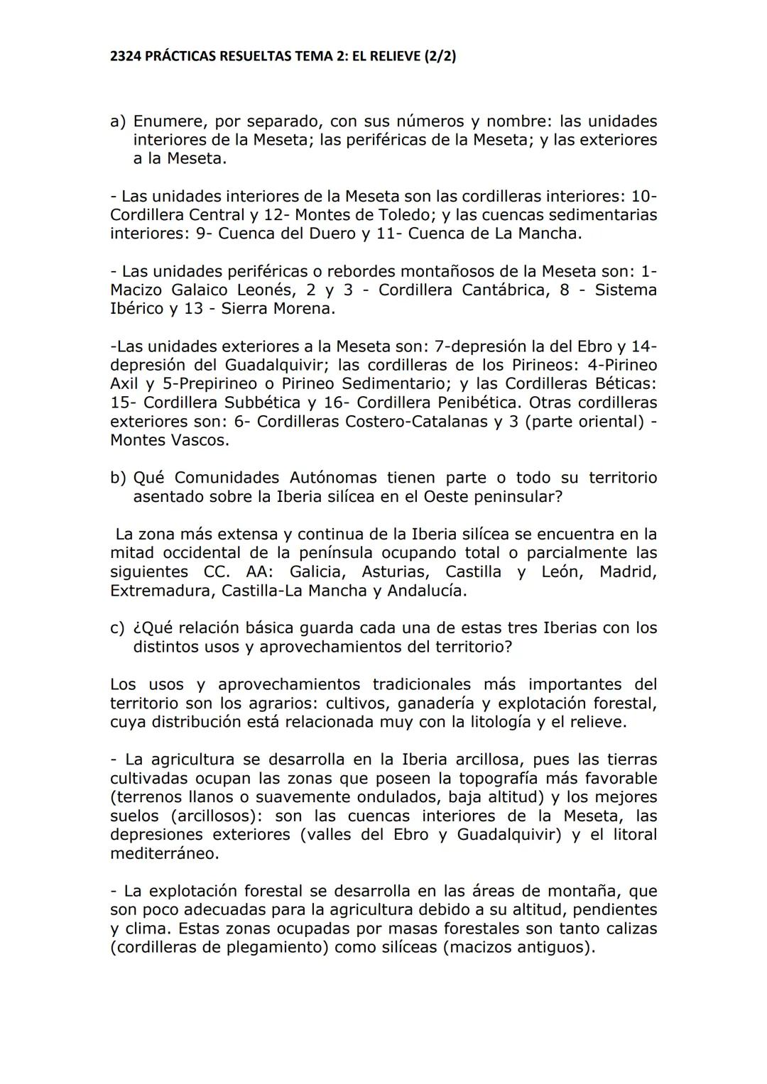 2324 PRÁCTICAS RESUELTAS TEMA 2: EL RELIEVE (2/2)
VI. PRÁCTICA 10
2. El mapa representa las unidades morfoestructurales de España. Con la in