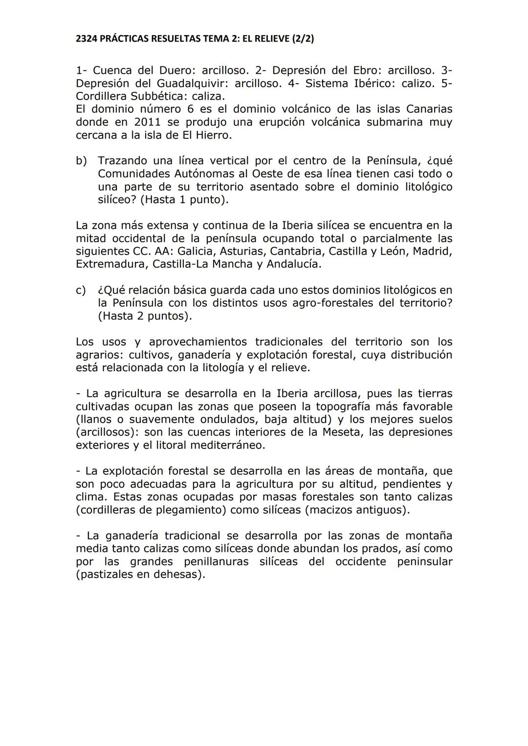 2324 PRÁCTICAS RESUELTAS TEMA 2: EL RELIEVE (2/2)
VI. PRÁCTICA 10
2. El mapa representa las unidades morfoestructurales de España. Con la in