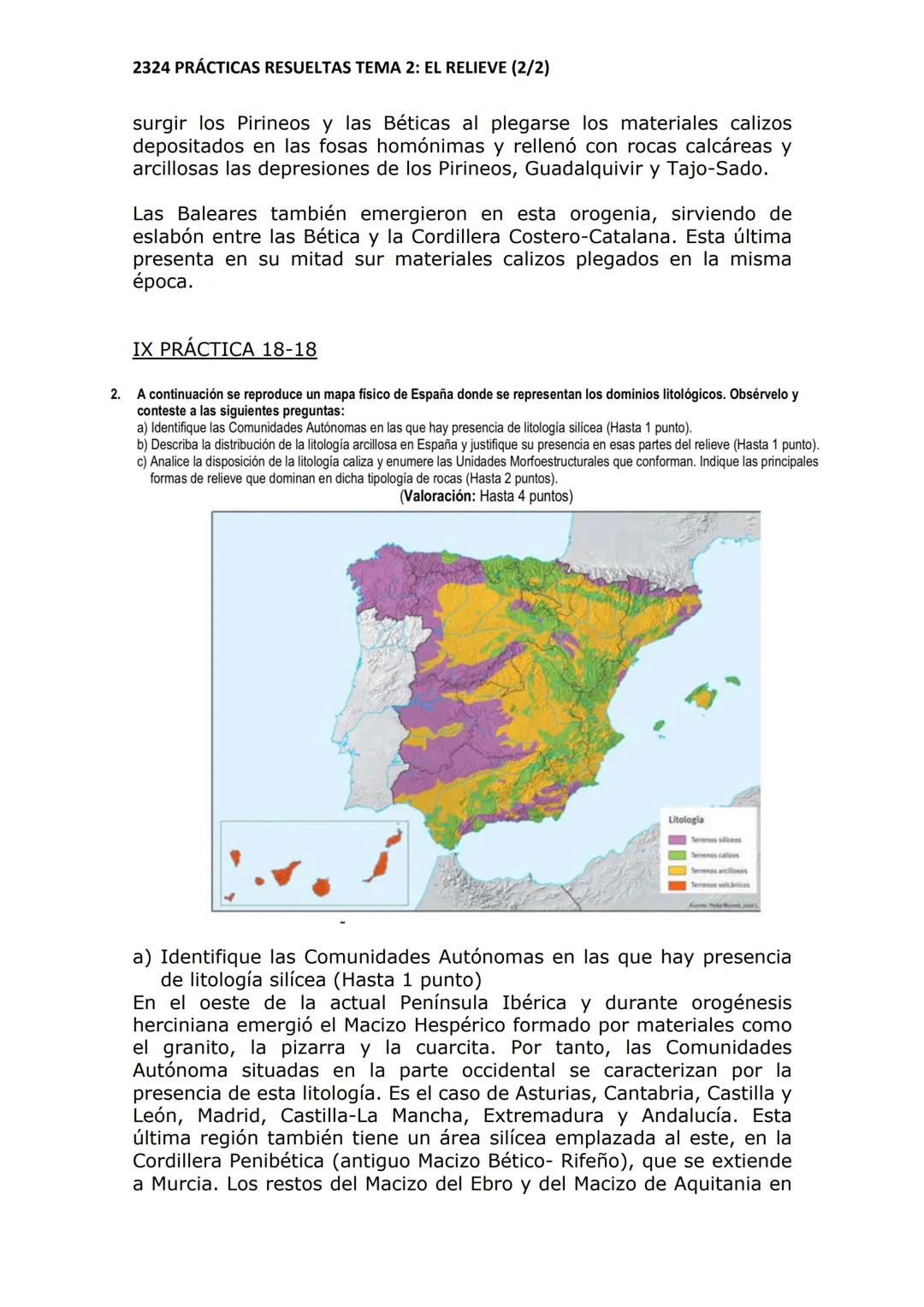 2324 PRÁCTICAS RESUELTAS TEMA 2: EL RELIEVE (2/2)
VI. PRÁCTICA 10
2. El mapa representa las unidades morfoestructurales de España. Con la in