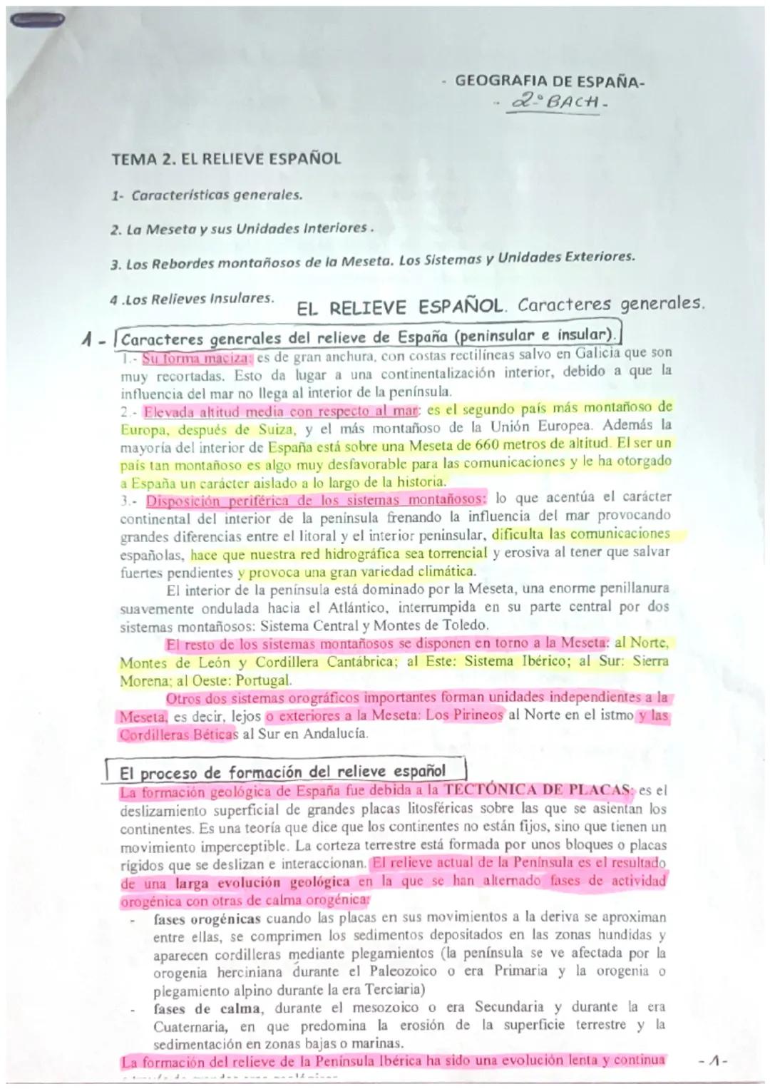 -GEOGRAFIA DE ESPAÑA-
2° BACH.
TEMA 2. EL RELIEVE ESPAÑOL
1- Caracteristicas generales.
2. La Meseta y sus Unidades Interiores.
3. Los Rebor