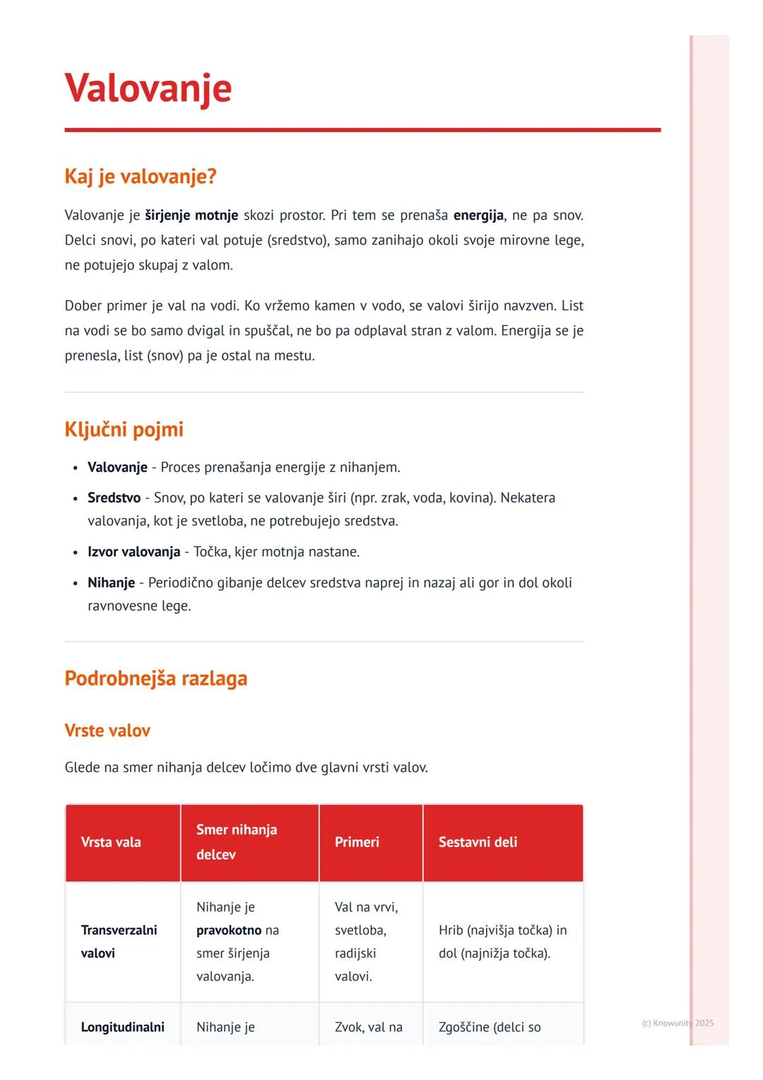 # Valovanje
Kaj je valovanje?
Valovanje je širjenje motnje skozi prostor. Pri tem se prenaša energija, ne pa snov.
Delci snovi, po kateri