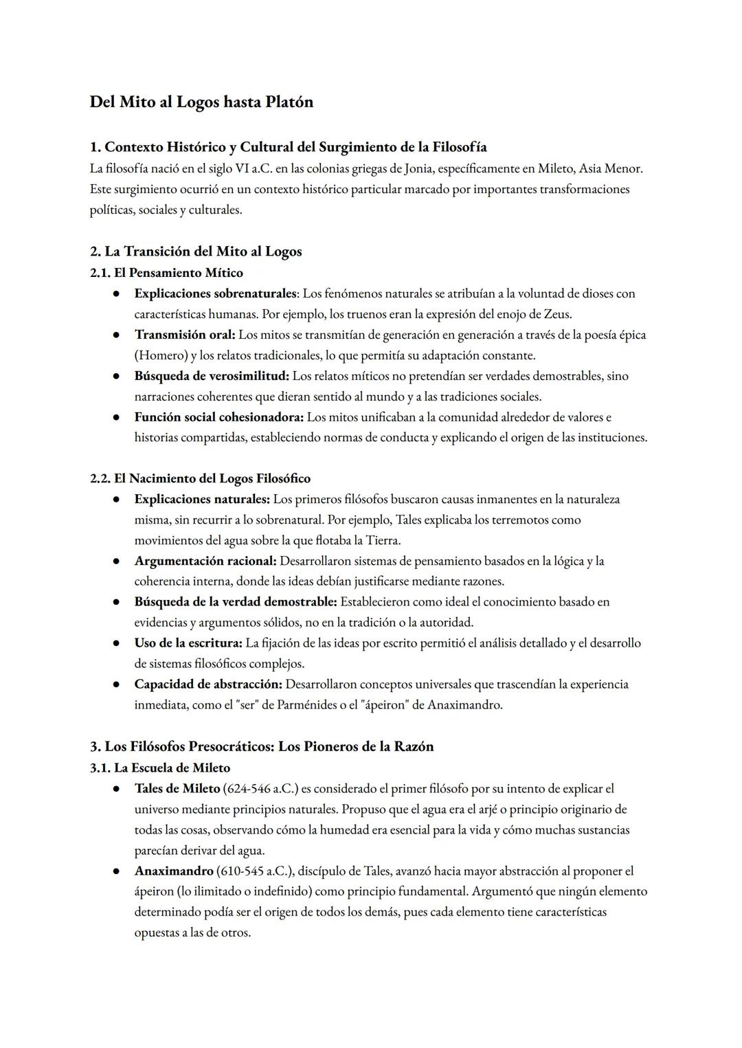 # Del Mito al Logos hasta Platón
1. Contexto Histórico y Cultural del Surgimiento de la Filosofía
La filosofía nació en el siglo VI a.C. e