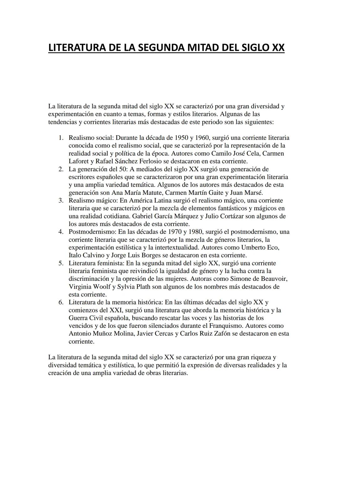 LITERATURA DE LA SEGUNDA MITAD DEL SIGLO XX