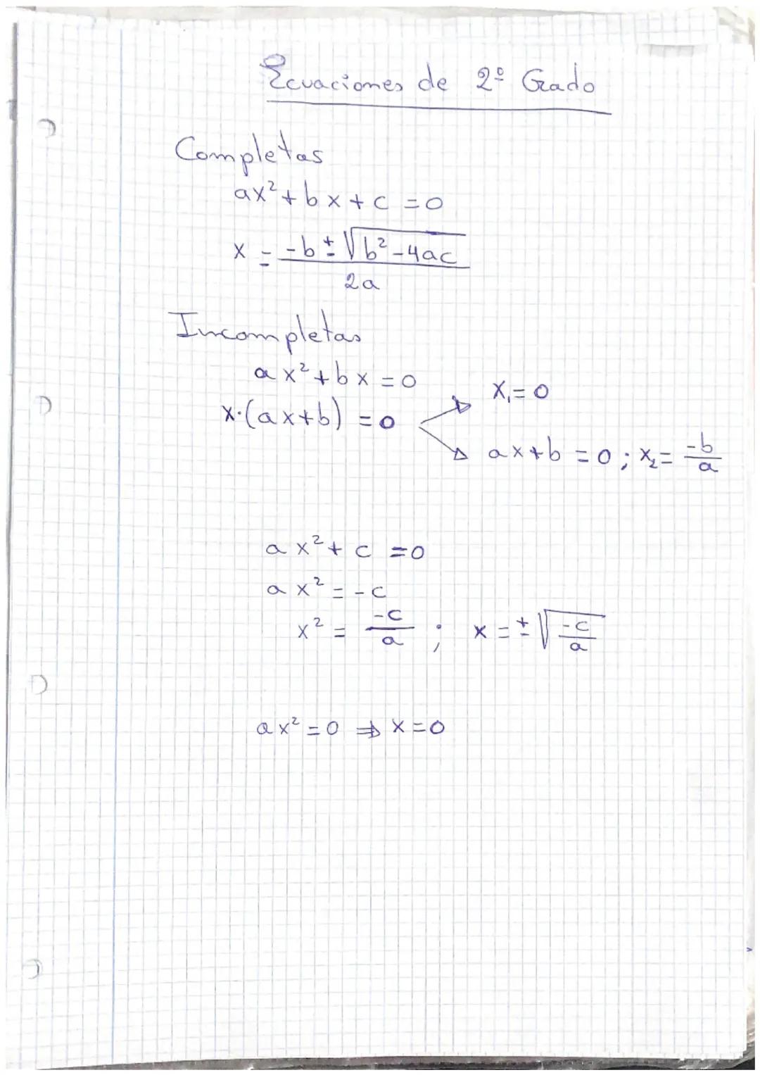 Ecuaciones de 2º Gado
Completas
$ax² + bx + c = 0$
$x = \frac{-b \pm \sqrt{b²-4ac}}{2a}$
Incompletas
$ax² + b x = 0$
$x(ax+b) = 0$
$x_1 =