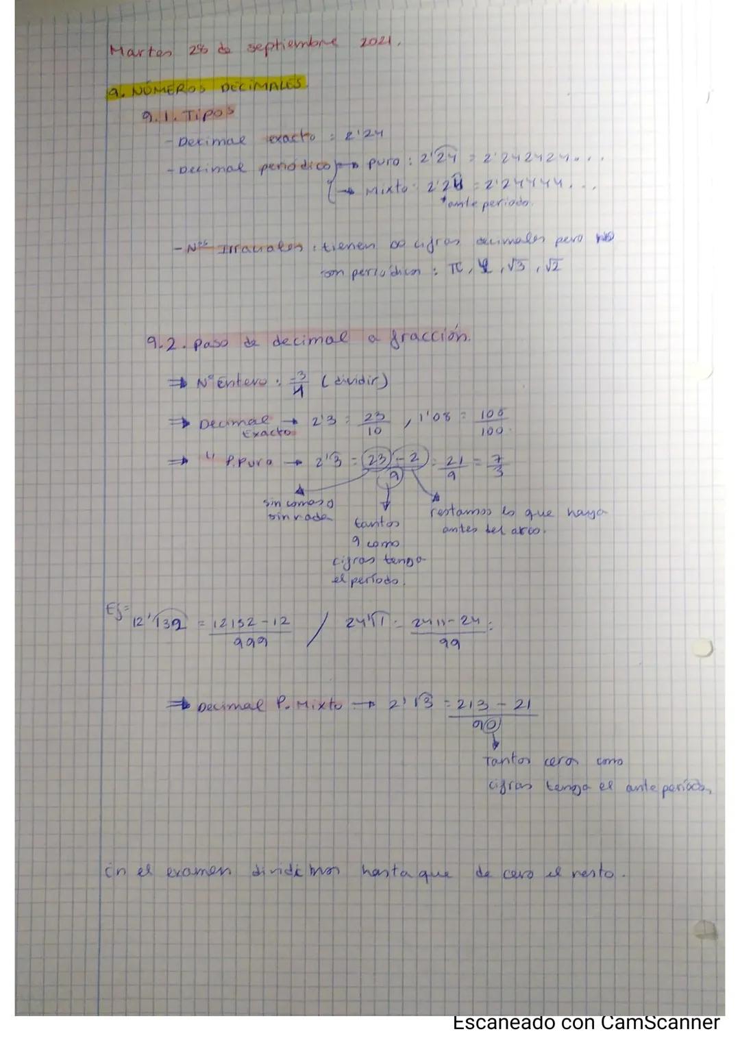 Martes 2% do septiembre 2021,
a. NÚMERO DECIMALES.
9.1. Tipos
€S=
-DetimaR
exacto: 2¹24
Decimal periodico puro: 224 = 2'242424.1.
1 Mixto 2'