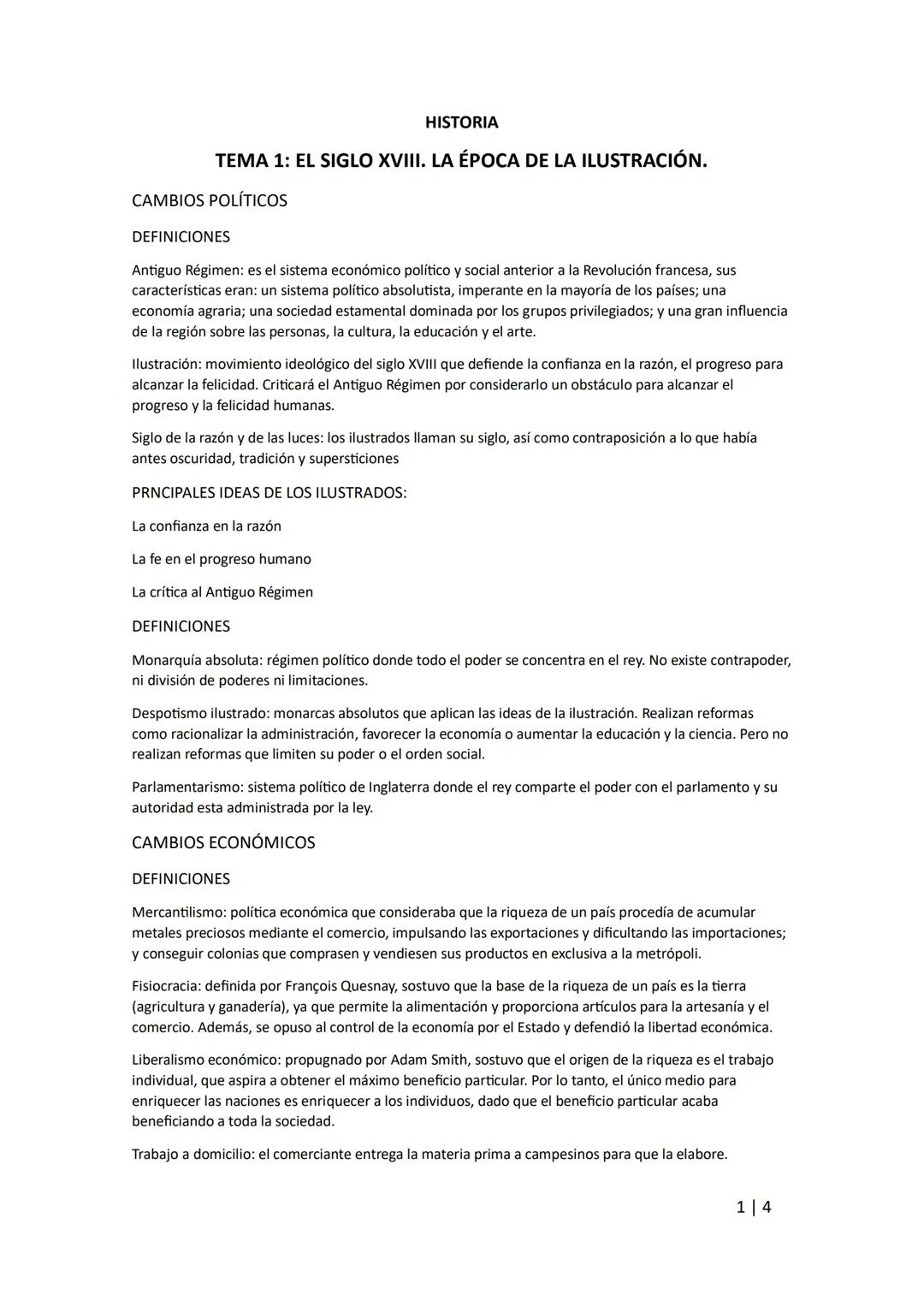 HISTORIA
TEMA 1: EL SIGLO XVIII. LA ÉPOCA DE LA ILUSTRACIÓN.
CAMBIOS POLÍTICOS
DEFINICIONES
Antiguo Régimen: es el sistema económico polític