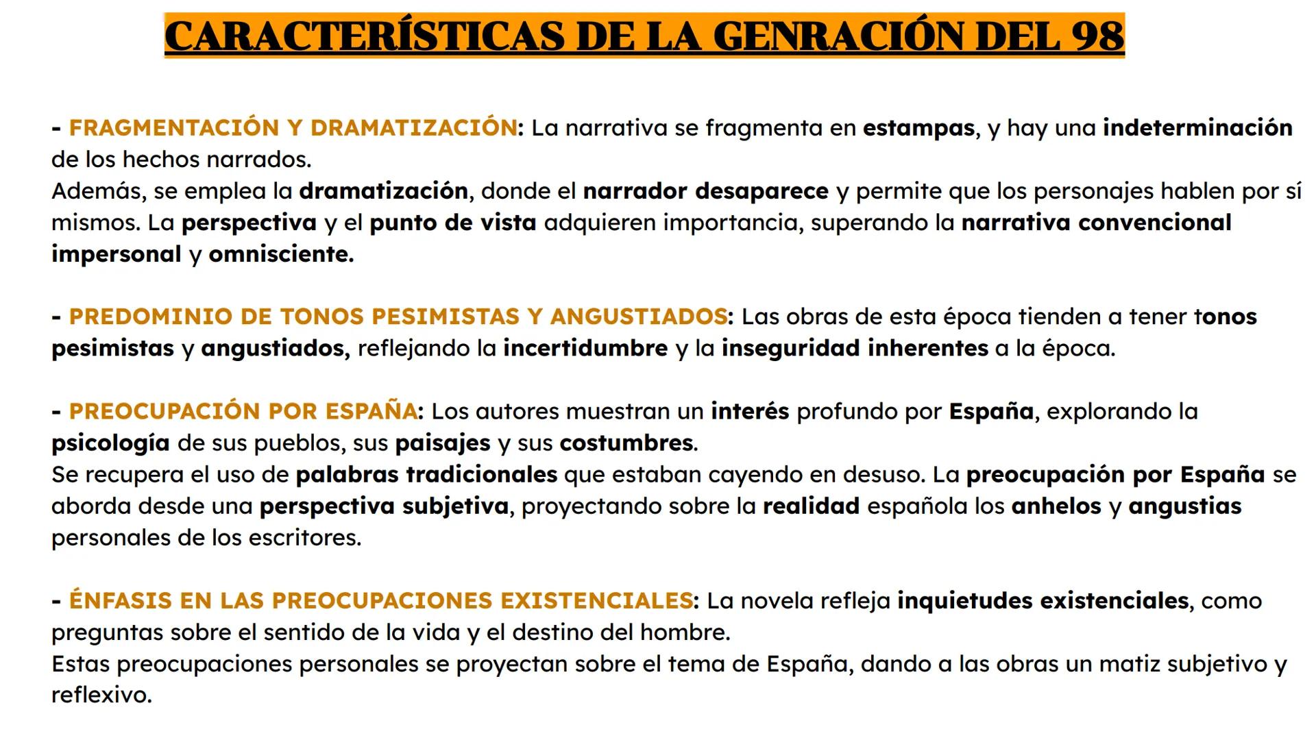 LA GENERACIÓN DEL 98
Los años del fin de siglo XIX y los principios del XX traen modificaciones importantes al arte
de la novela.
Hasta ento