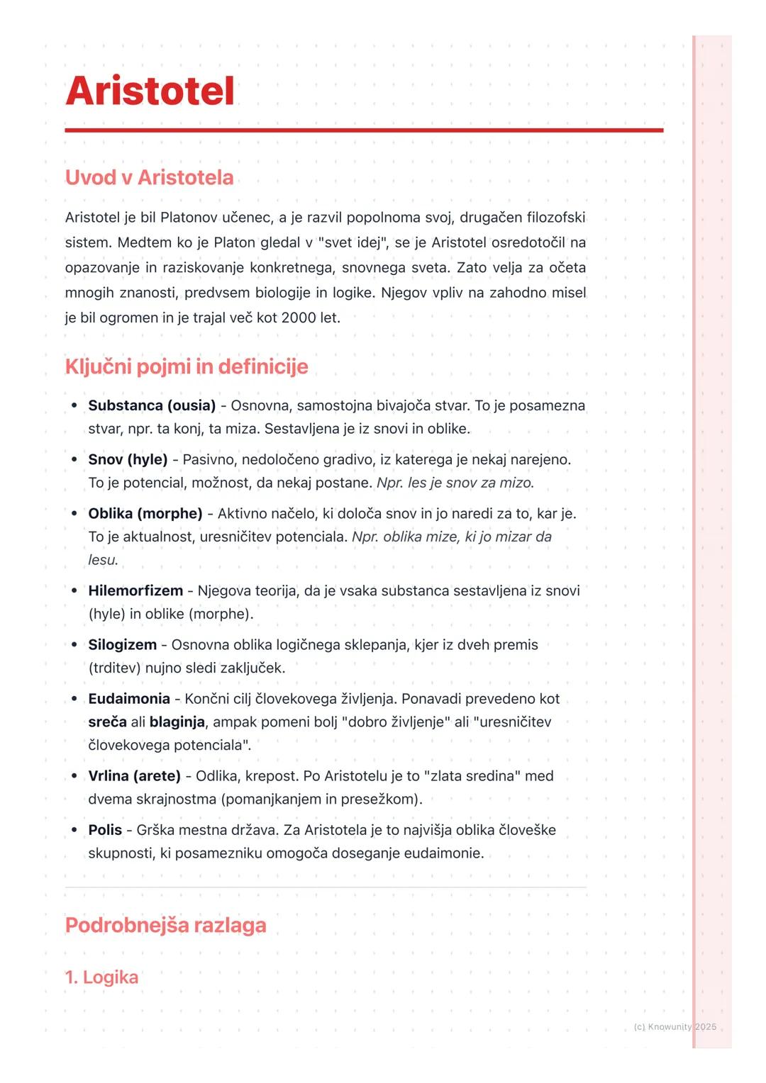 # Aristotel
Uvod v Aristotela
Aristotel je bil Platonov učenec, a je razvil popolnoma svoj, drugačen filozofski
sistem. Medtem ko je Plato