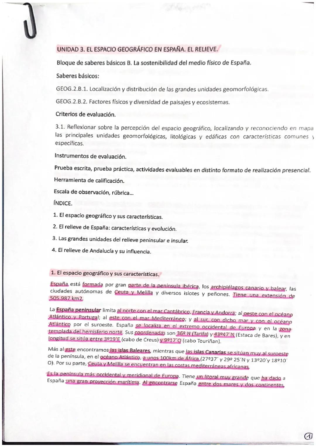 UNIDAD 3. EL ESPACIO GEOGRÁFICO EN ESPAÑA. EL RELIEVE.
Bloque de saberes básicos B. La sostenibilidad del medio físico de España.
Saberes bá