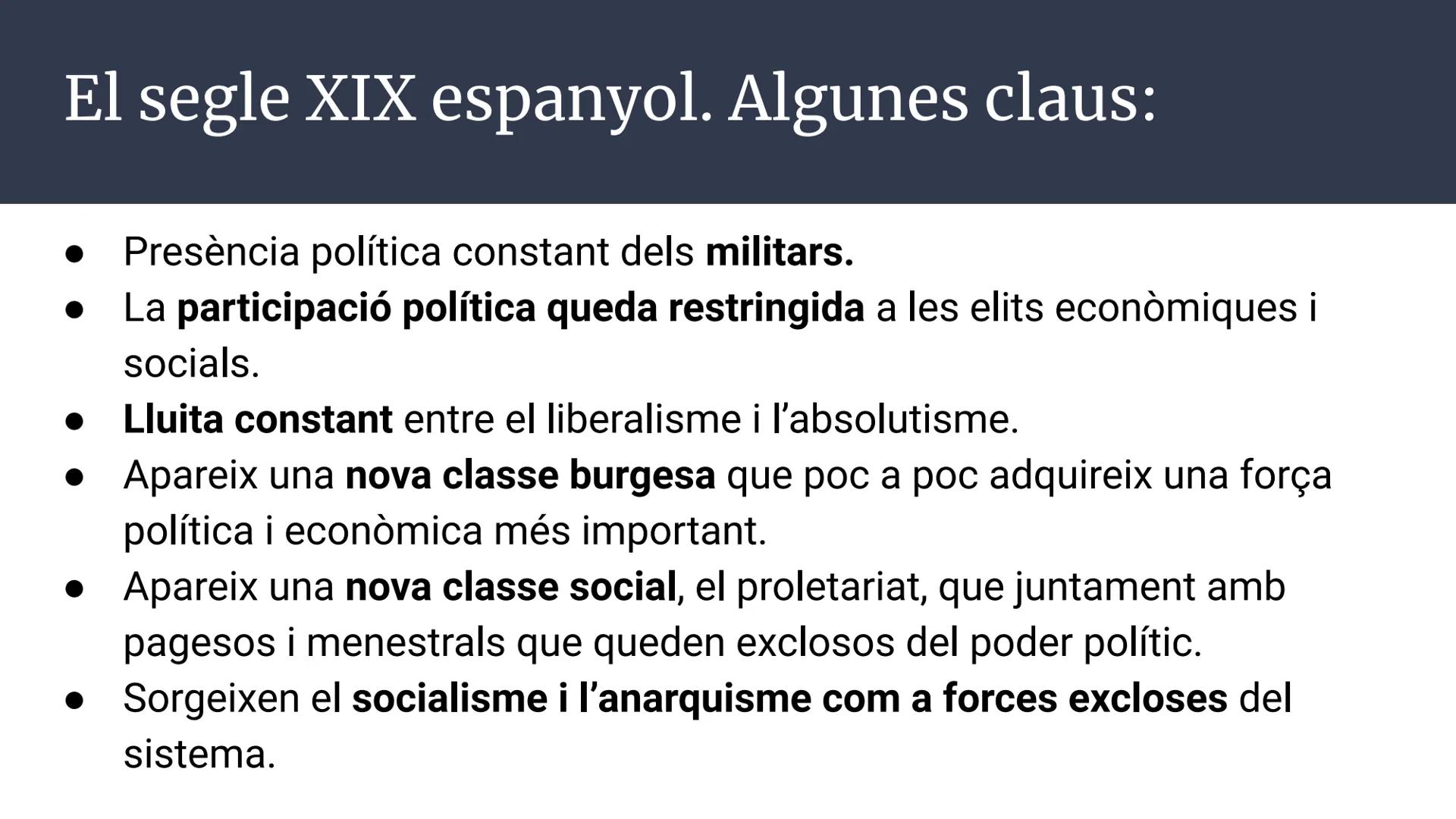 CON-SER-VA-DOR
LI-ES-RAL
CON-SERIVA-DOR
Unitat 2.
La Restauració
LI-SE-MAL
CUE-LA-LOSE-SERD-PA
Borbònica (1875-1898)
Història d'Espanya; 2n