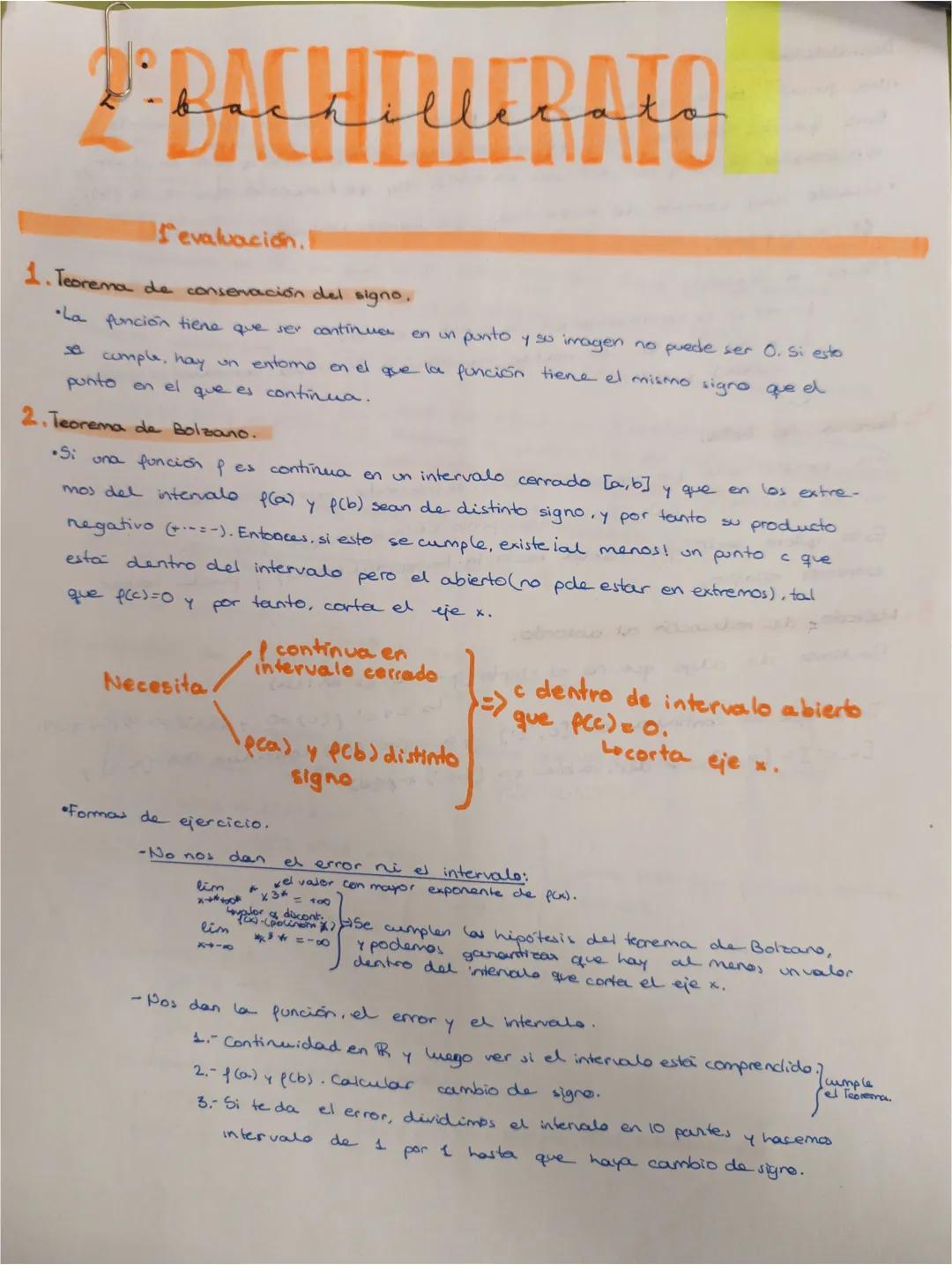 2:BACHTULERATO
Sevaluación.
1. Teorema de conservación del signo.
•La función tiene que ser continua en un punto y su imagen no puede ser O.