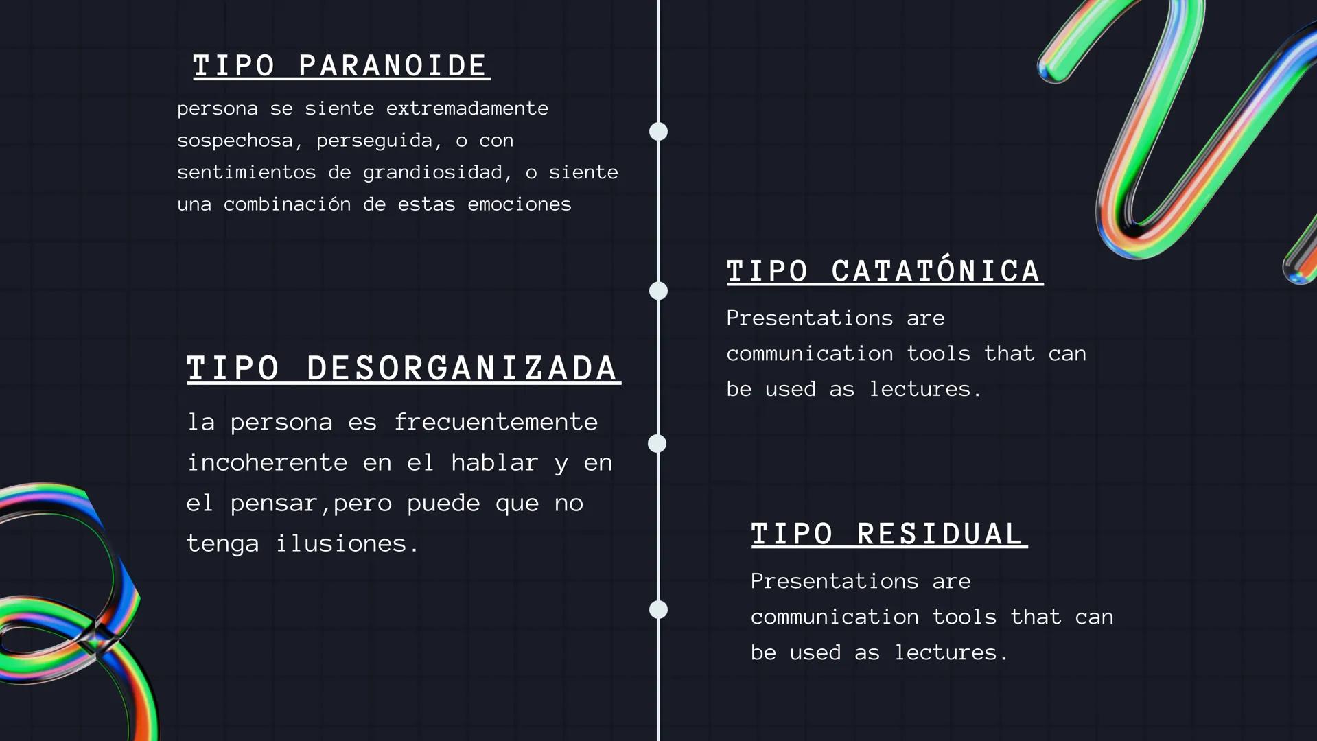 TRASTORNOS
MENTALES
GARA VARGAS Y ORIANA BENÍTEZ 4°C ●
TRASTORNOS
Hay varios tipos de trastornos mentales, los
más comunes son:
●
●
Trastorn