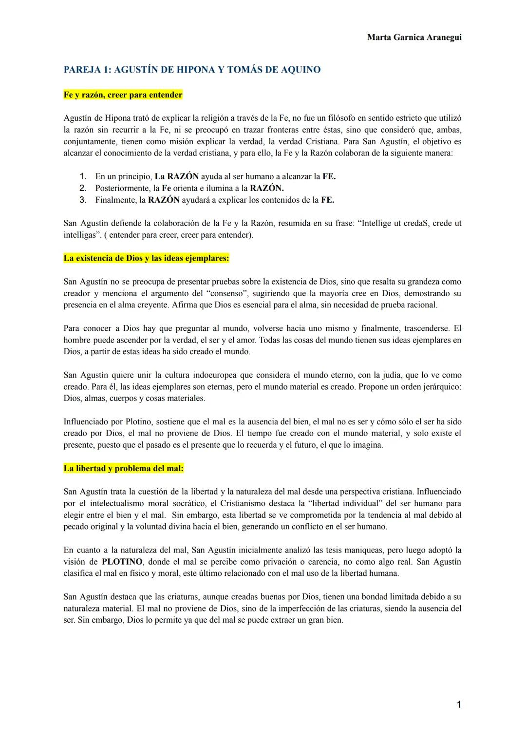 Marta Garnica Aranegui
PAREJA 1: AGUSTÍN DE HIPONA Y TOMÁS DE AQUINO
Fe y razón, creer para entender
Agustín de Hipona trató de explicar la